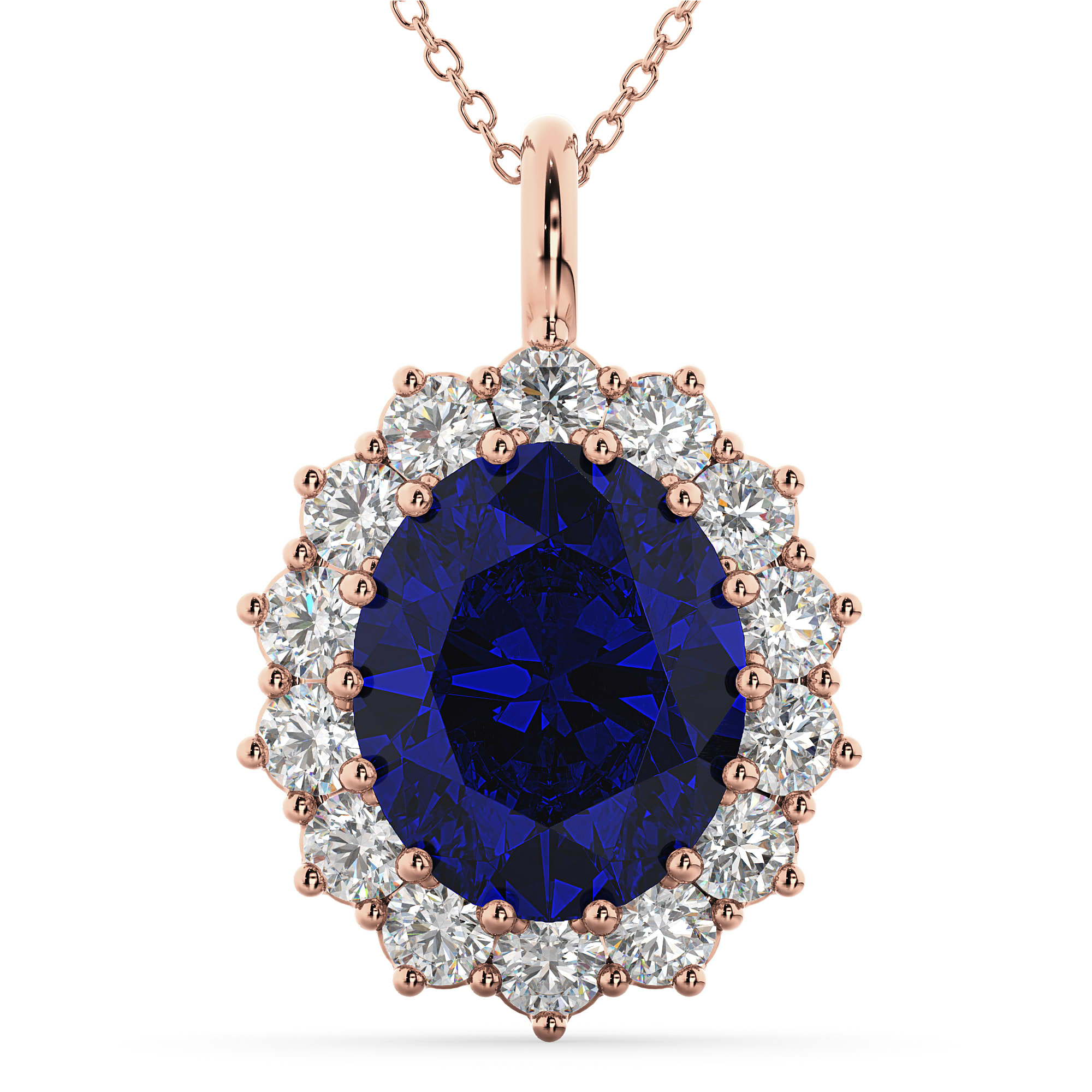 Oval Blue Sapphire & Diamond Halo Pendant Necklace 14k Rose Gold (6.40ct)
