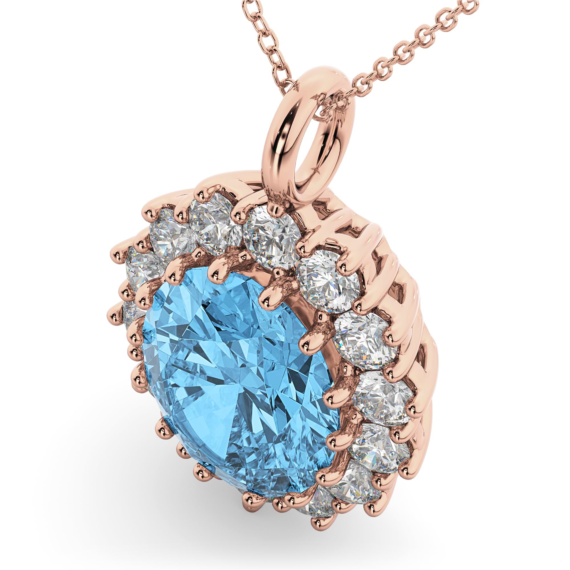 Oval Blue Topaz & Diamond Halo Pendant Necklace 14k Rose Gold (6.40ct)