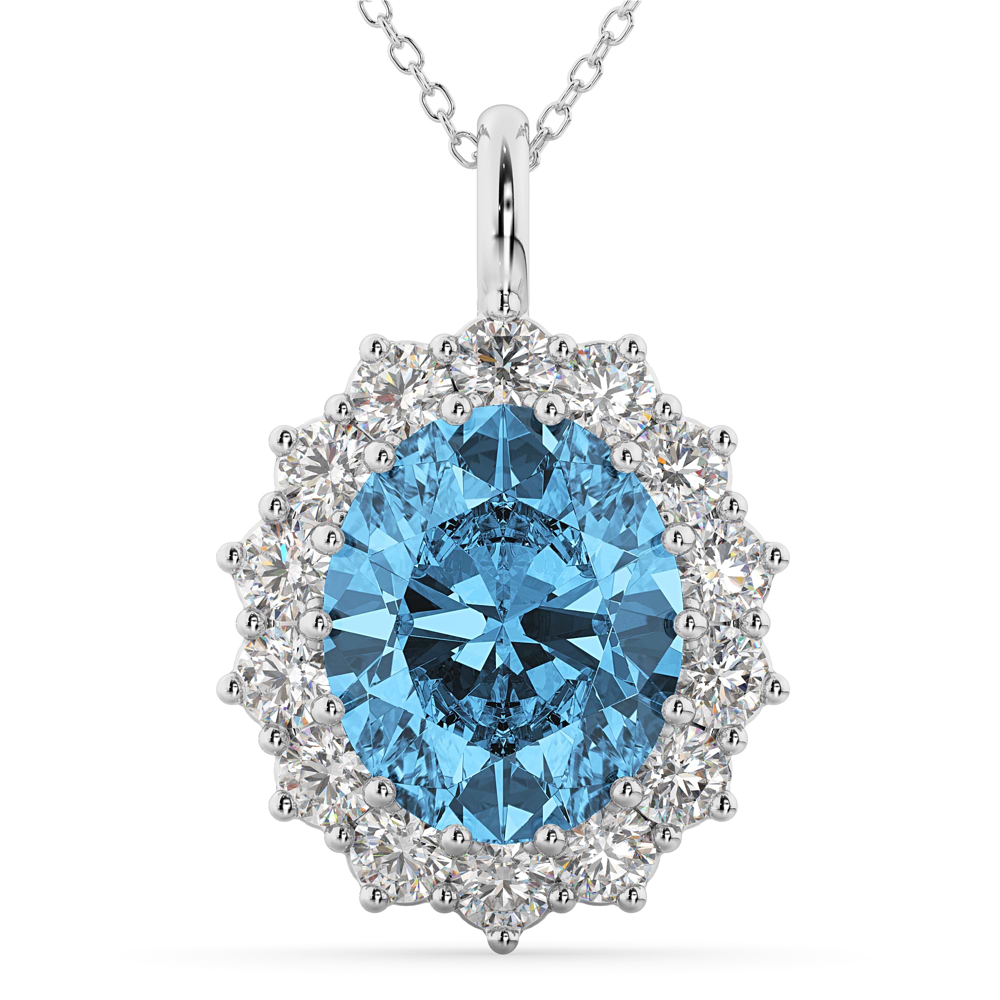 Oval Blue Topaz & Diamond Halo Pendant Necklace 14k White Gold (6.40ct)