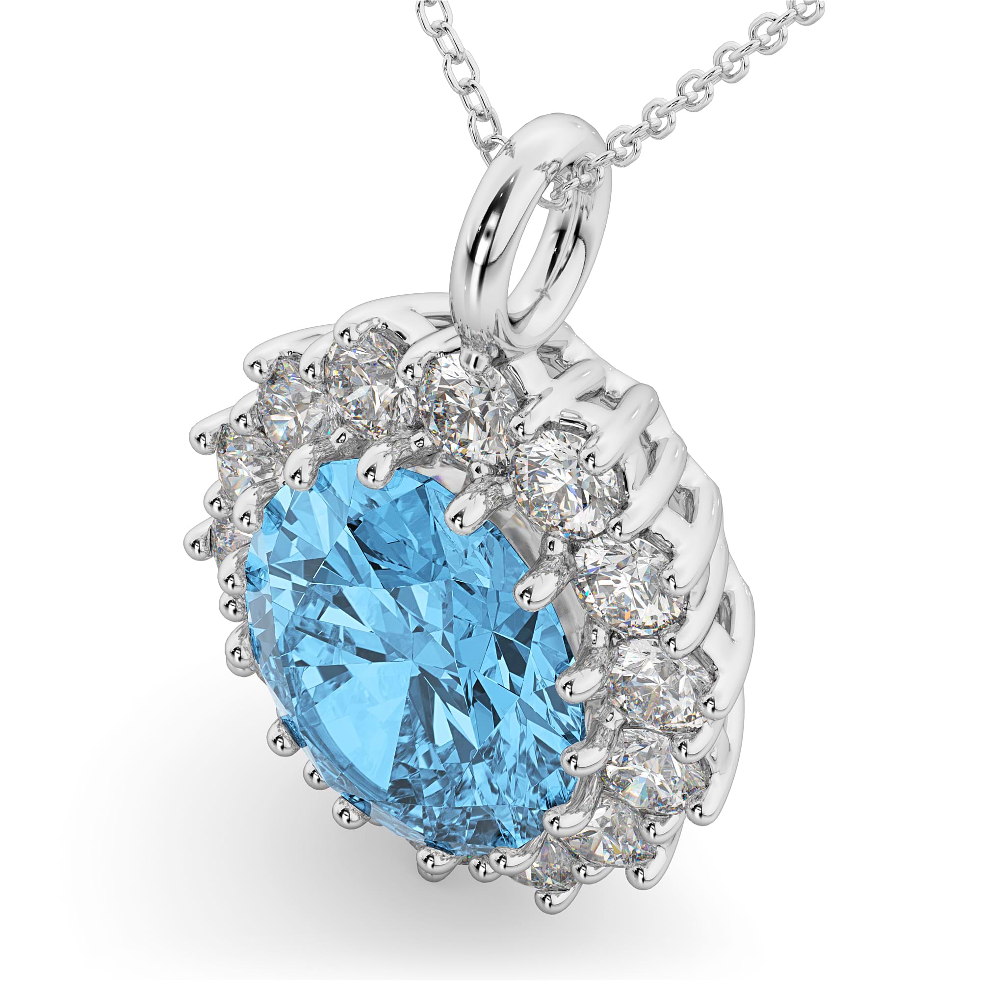 Oval Blue Topaz & Diamond Halo Pendant Necklace 14k White Gold (6.40ct)