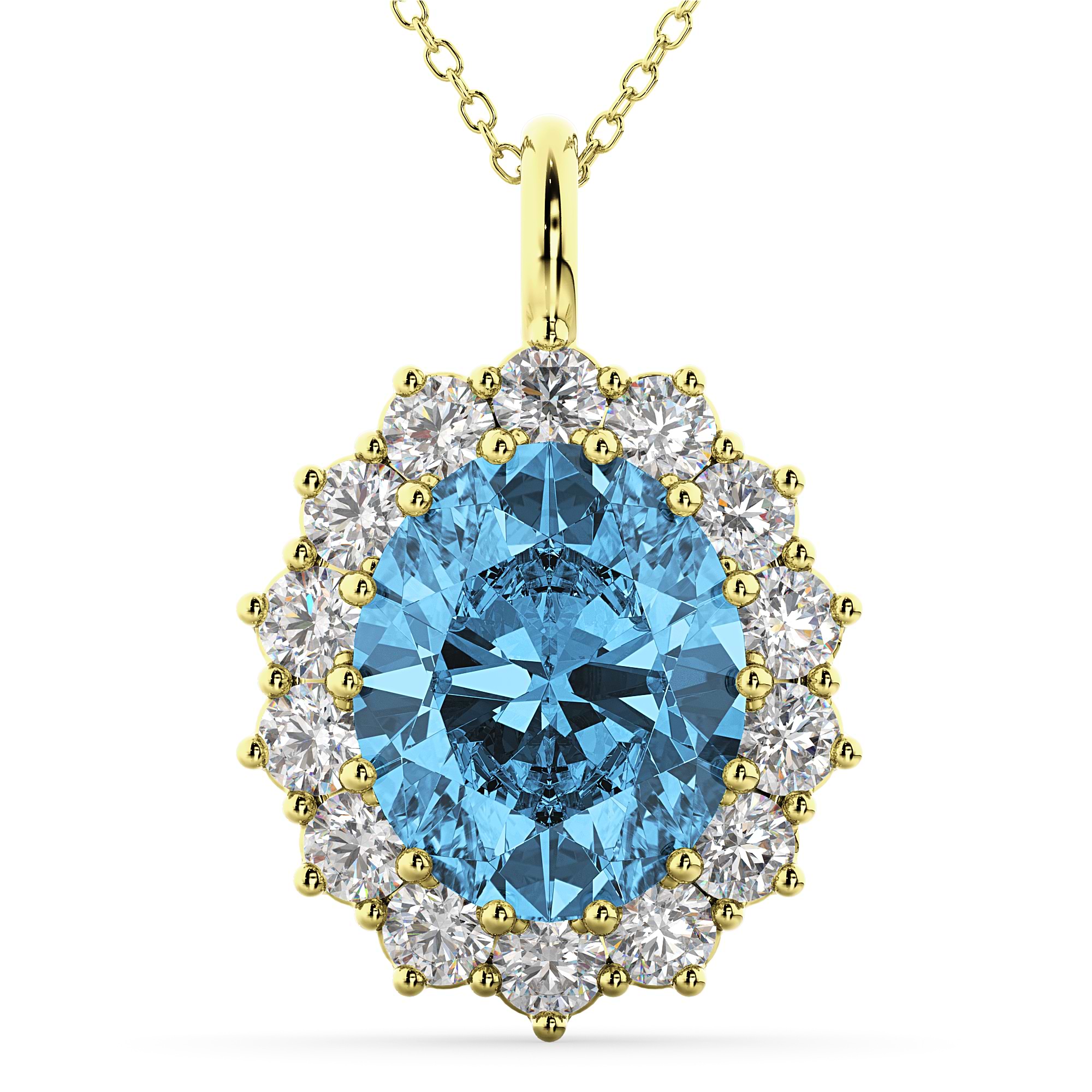 Oval Blue Topaz & Diamond Halo Pendant Necklace 14k Yellow Gold (6.40ct)