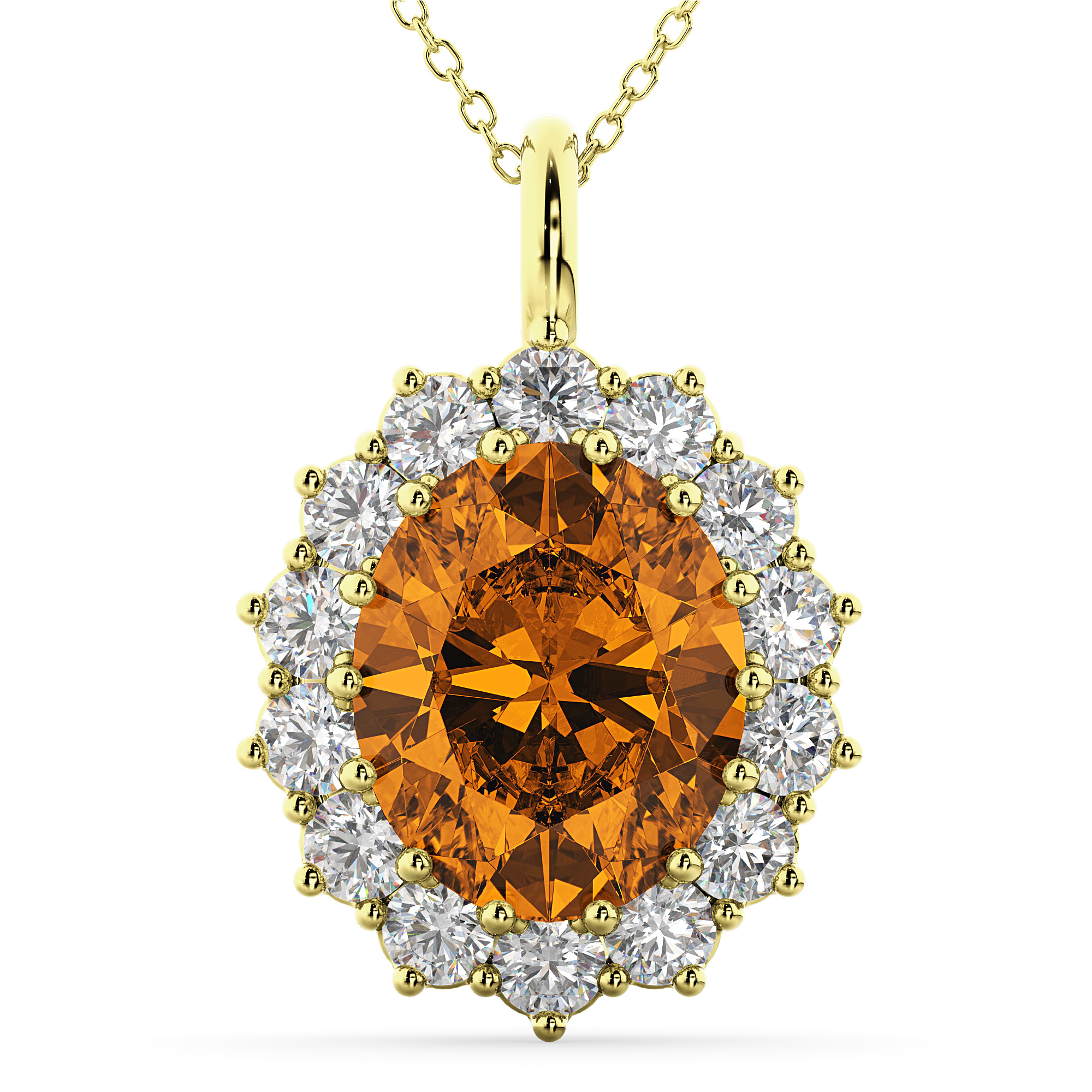 Oval Citrine & Diamond Halo Pendant Necklace 14k Yellow Gold (6.40ct)