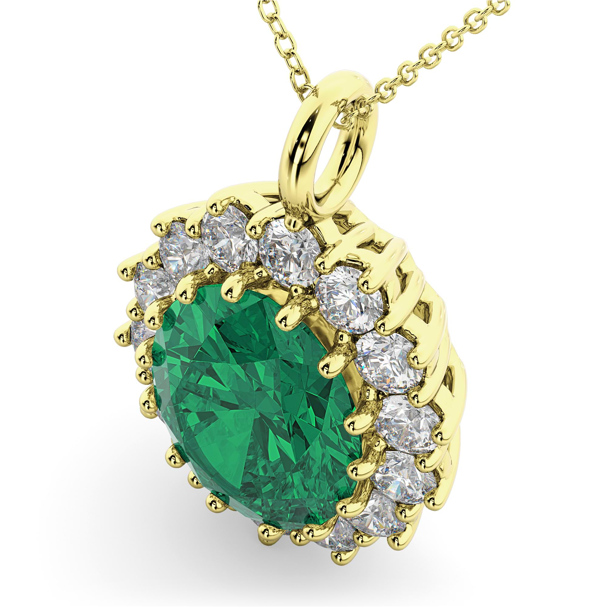 Oval Emerald & Diamond Halo Pendant Necklace 14k Yellow Gold 6.40