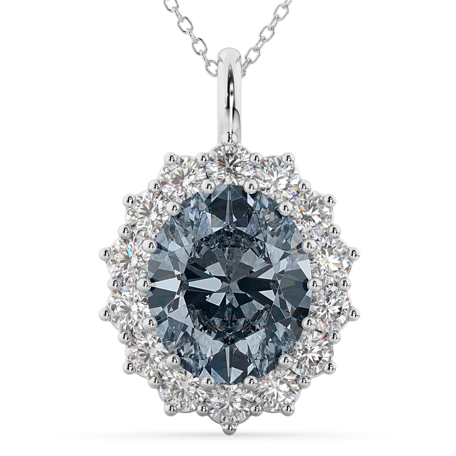 Oval Gray Spinel & Diamond Halo Pendant Necklace 14k White Gold (6.40ct)