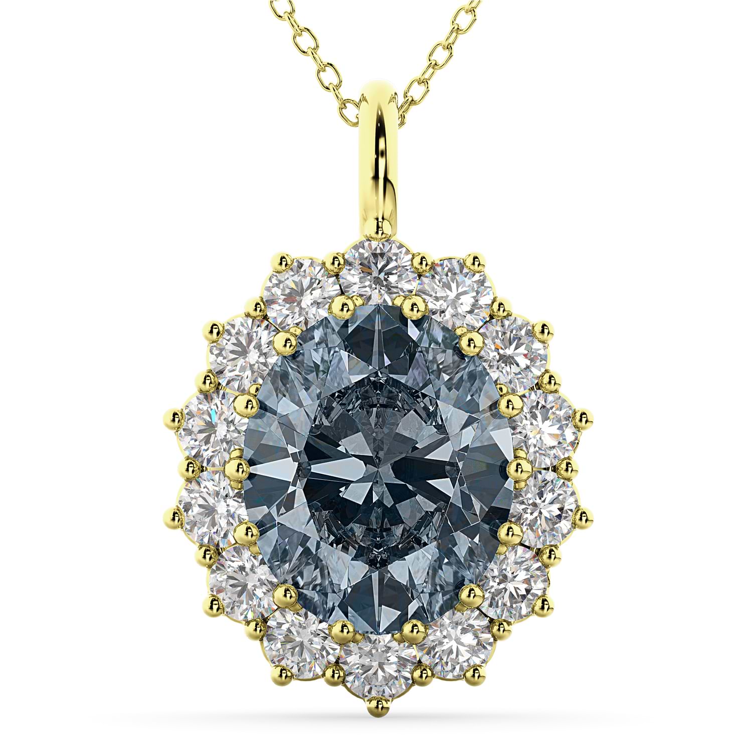 Oval Gray Spinel & Diamond Halo Pendant Necklace 14k Yellow Gold (6.40ct)