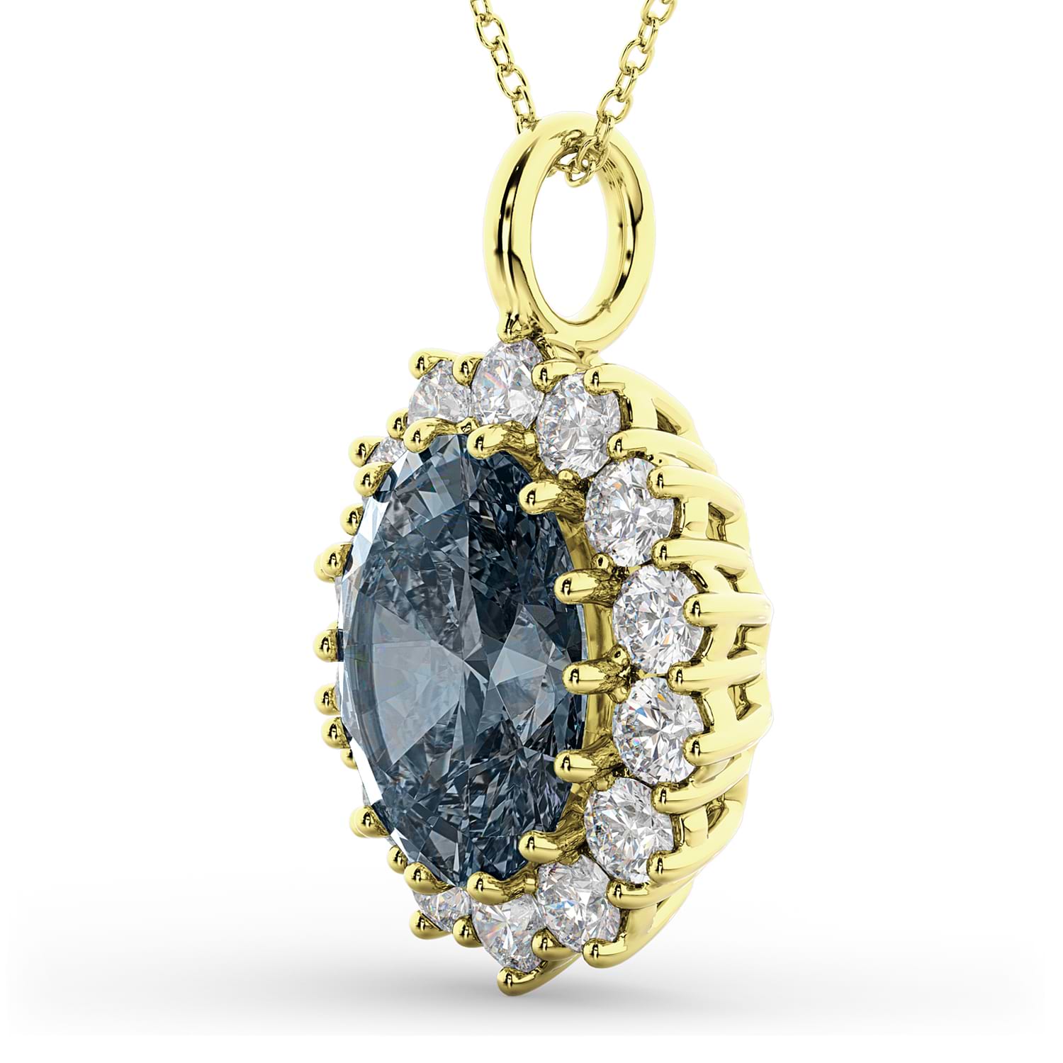 Oval Gray Spinel & Diamond Halo Pendant Necklace 14k Yellow Gold (6.40ct)