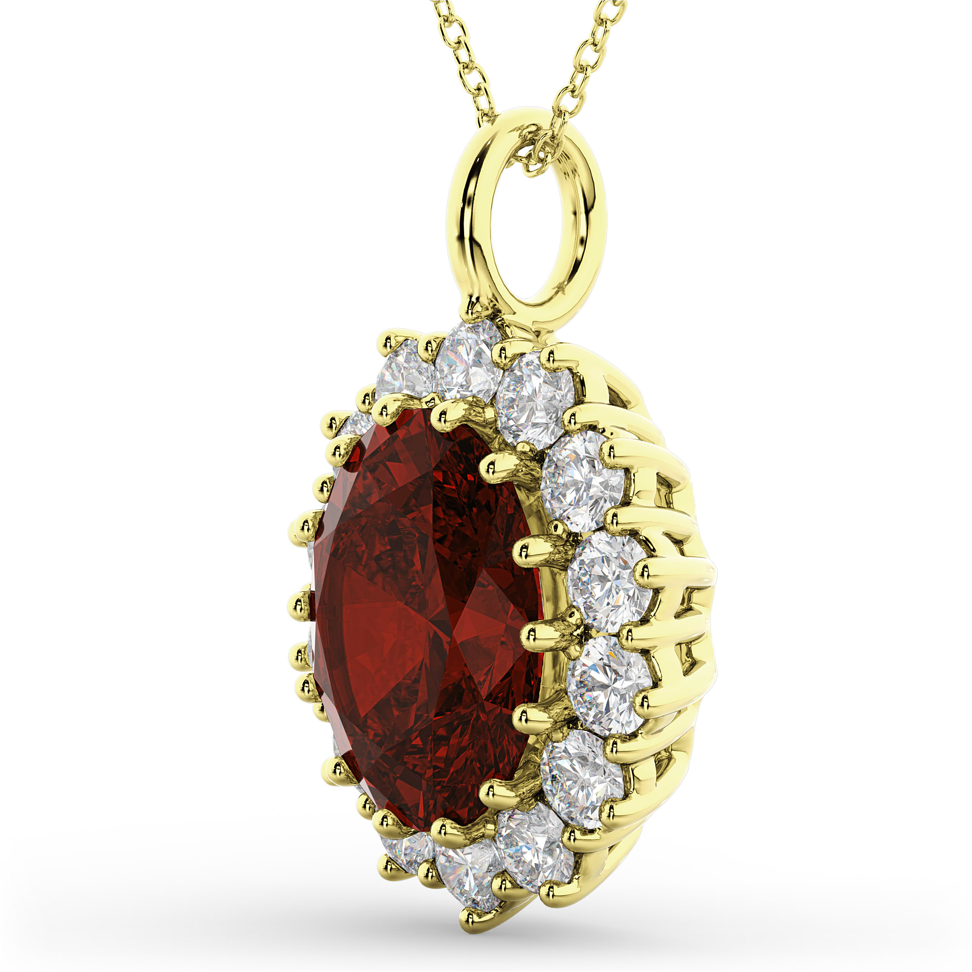Oval Garnet & Diamond Halo Pendant Necklace 14k Yellow Gold (6.40ct)