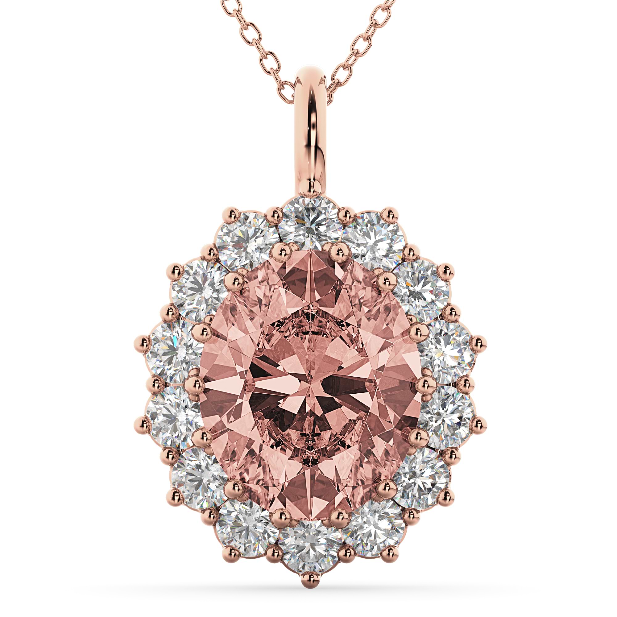 Oval Morganite & Diamond Halo Pendant Necklace 14k Rose Gold (6.40ct)