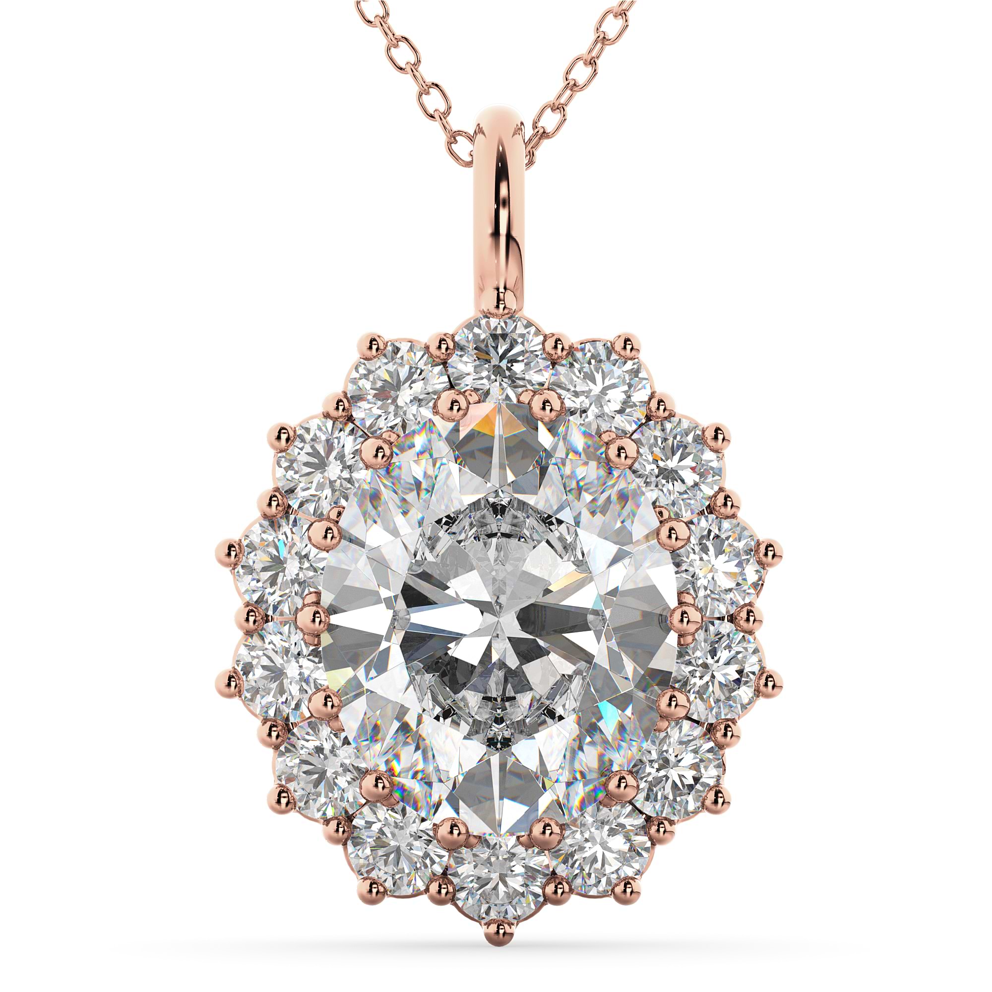 Oval Moissanite & Diamond Halo Pendant Necklace 14k Rose Gold (6.40ct)