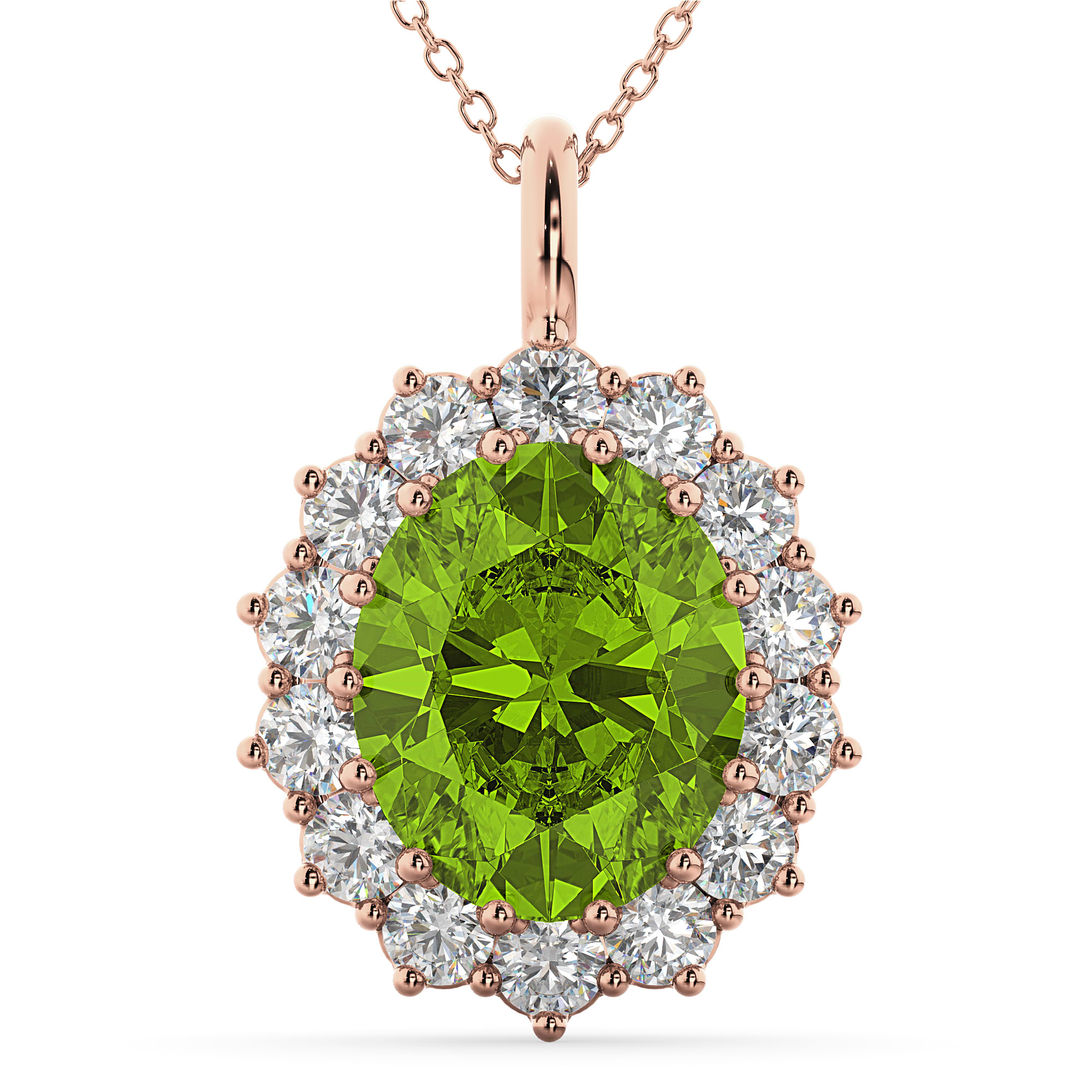 Oval Peridot & Diamond Halo Pendant Necklace 14k Rose Gold (6.40ct)