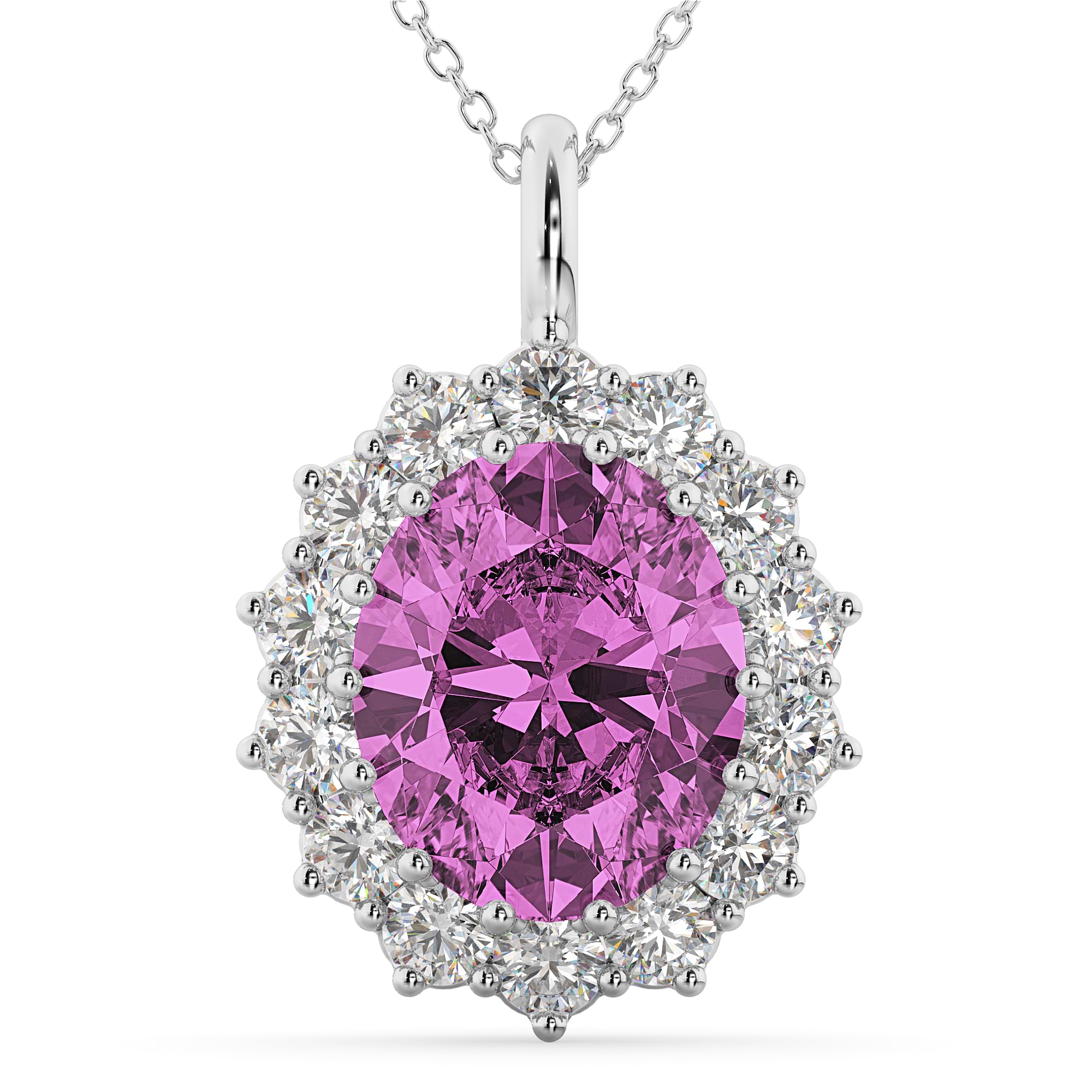 Oval Pink Sapphire & Diamond Halo Pendant Necklace 14k White Gold (6.40ct)