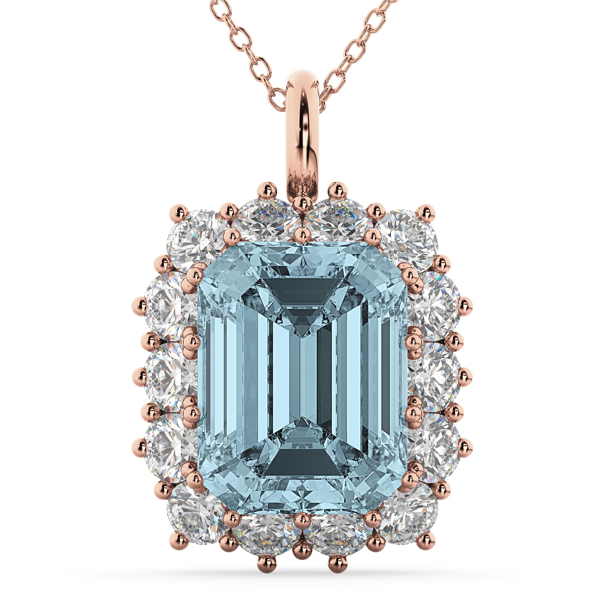 Emerald Cut Aquamarine & Diamond Pendant 14k Rose Gold (5.68ct)