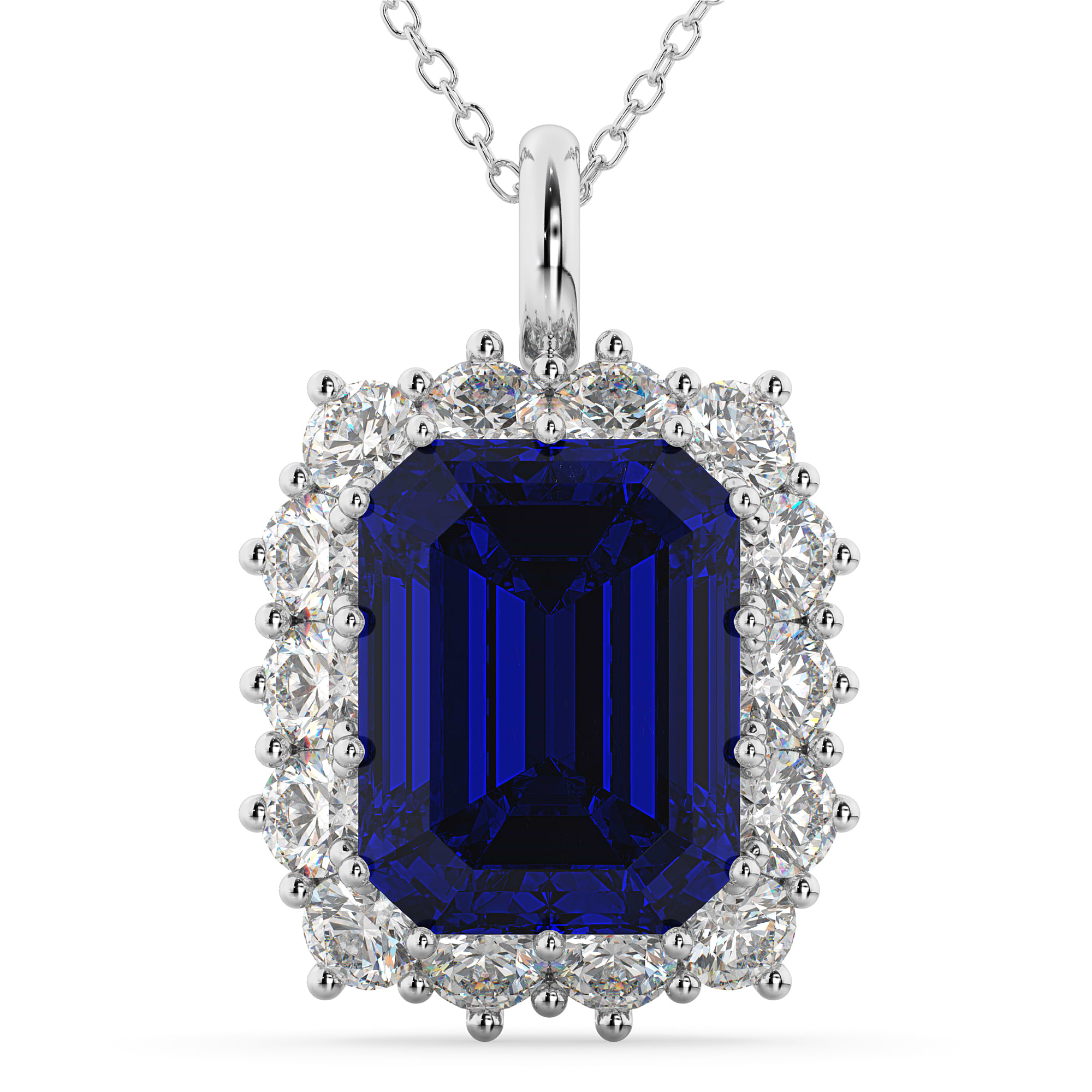 Emerald Cut Blue Sapphire & Diamond Pendant 14k White Gold 5.68ct - AD1778