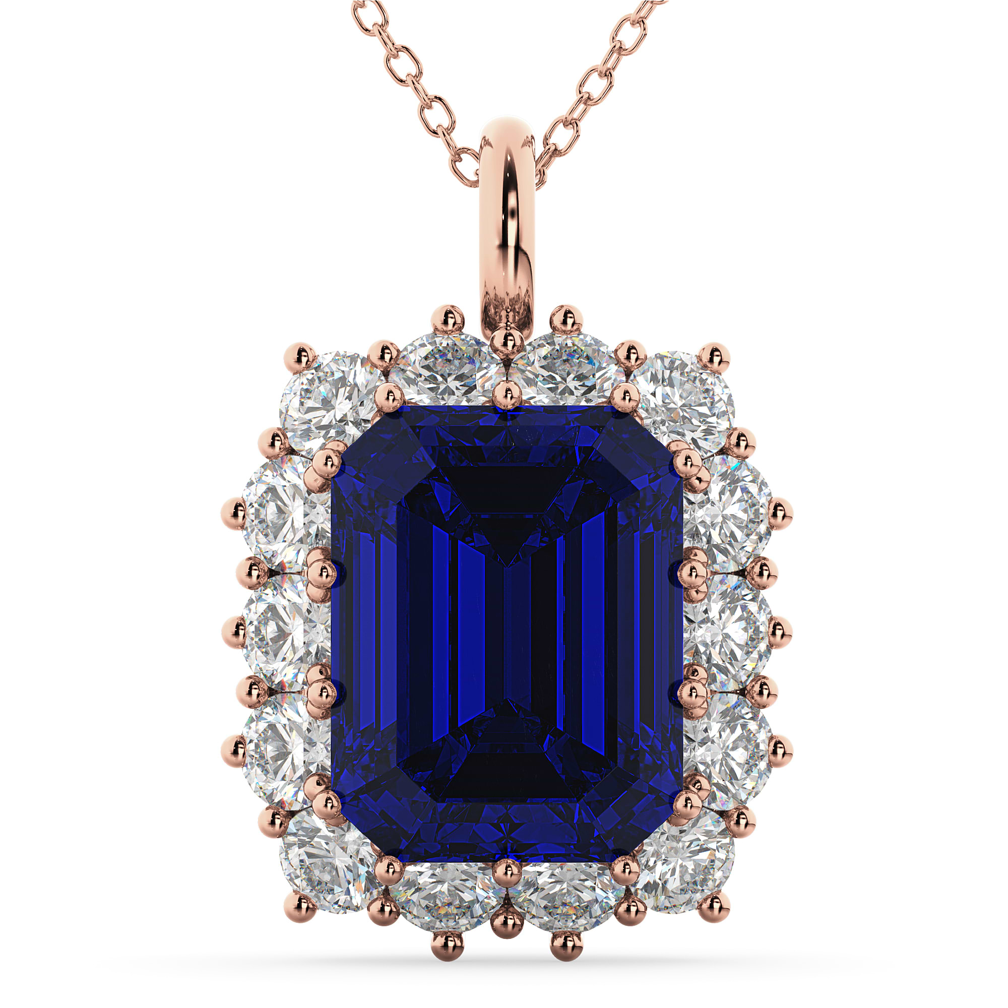 Emerald Cut Lab Grown Blue Sapphire & Diamond Pendant 14k Rose Gold (5.68ct)