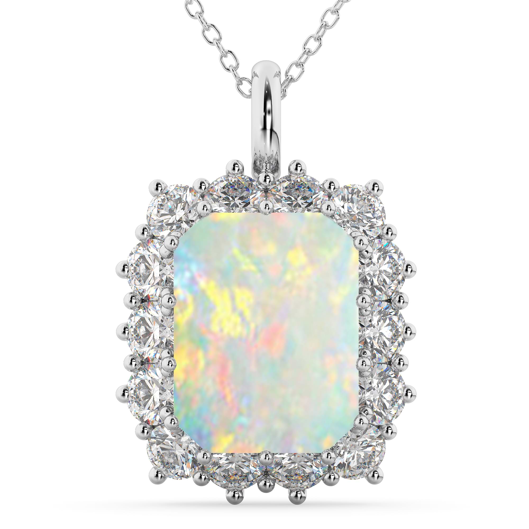 Emerald Cut Opal & Diamond Pendant 14k White Gold (5.68ct)