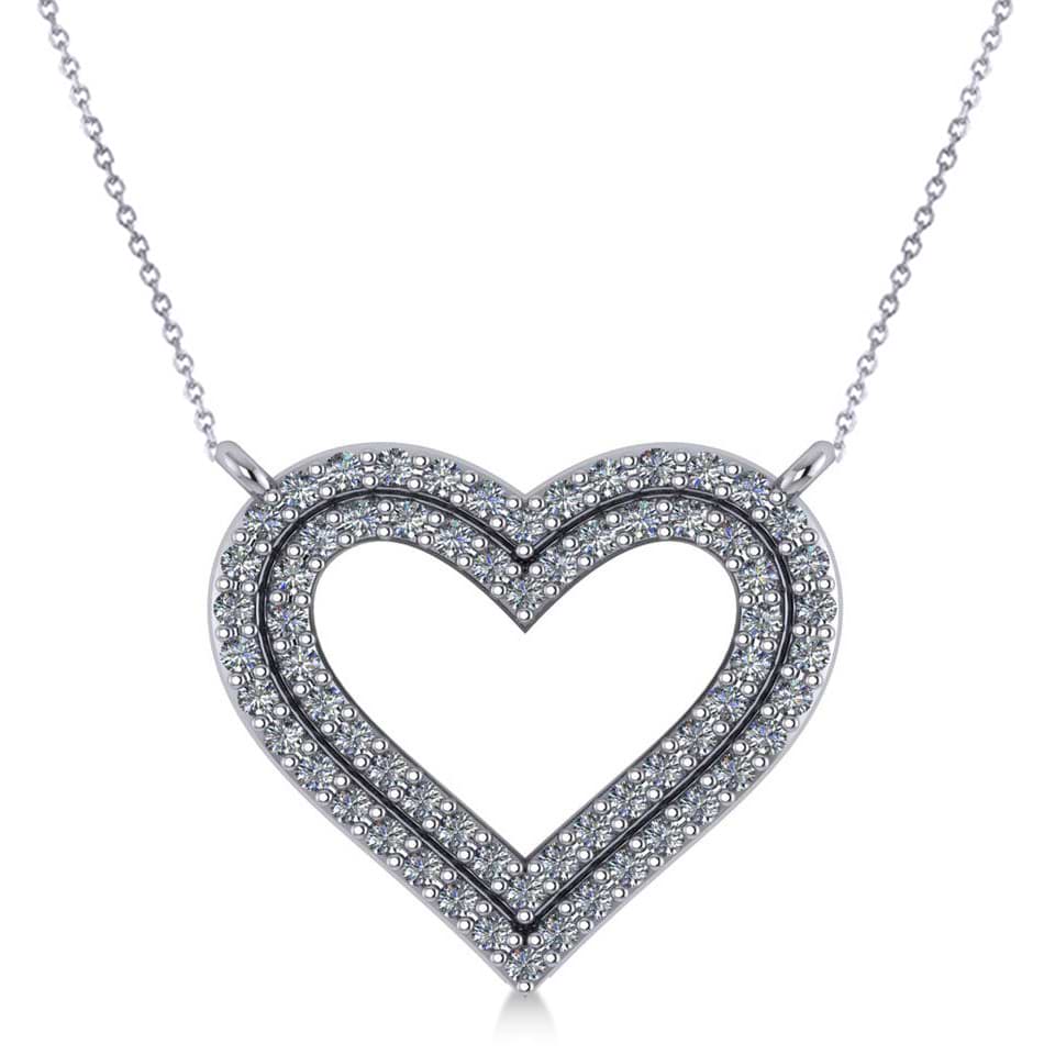 Double Row Open Heart Diamond Pendant Necklace 14k White Gold (0.66ct)