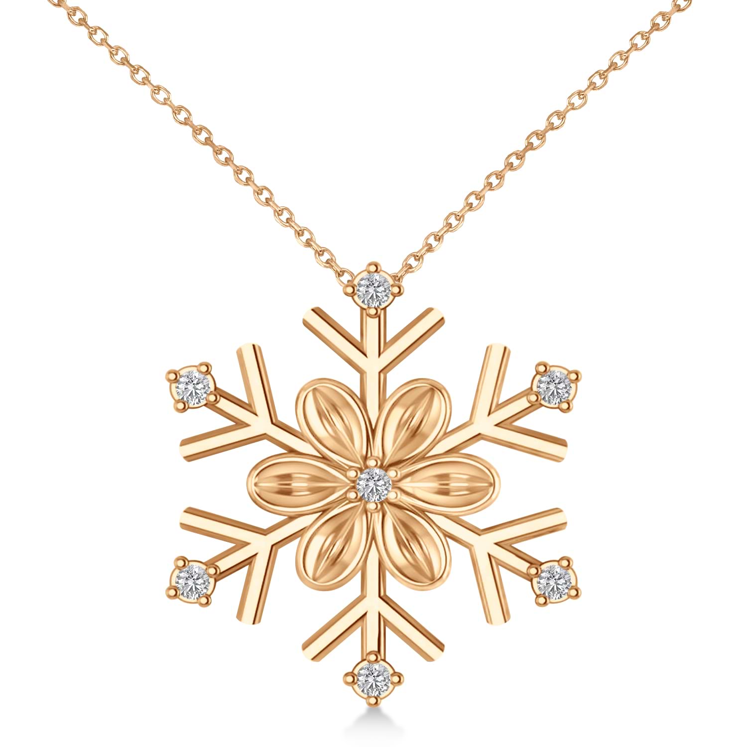 Diamond Snowflake & Flower Pendant Necklace 14k Rose Gold (0.07ct)