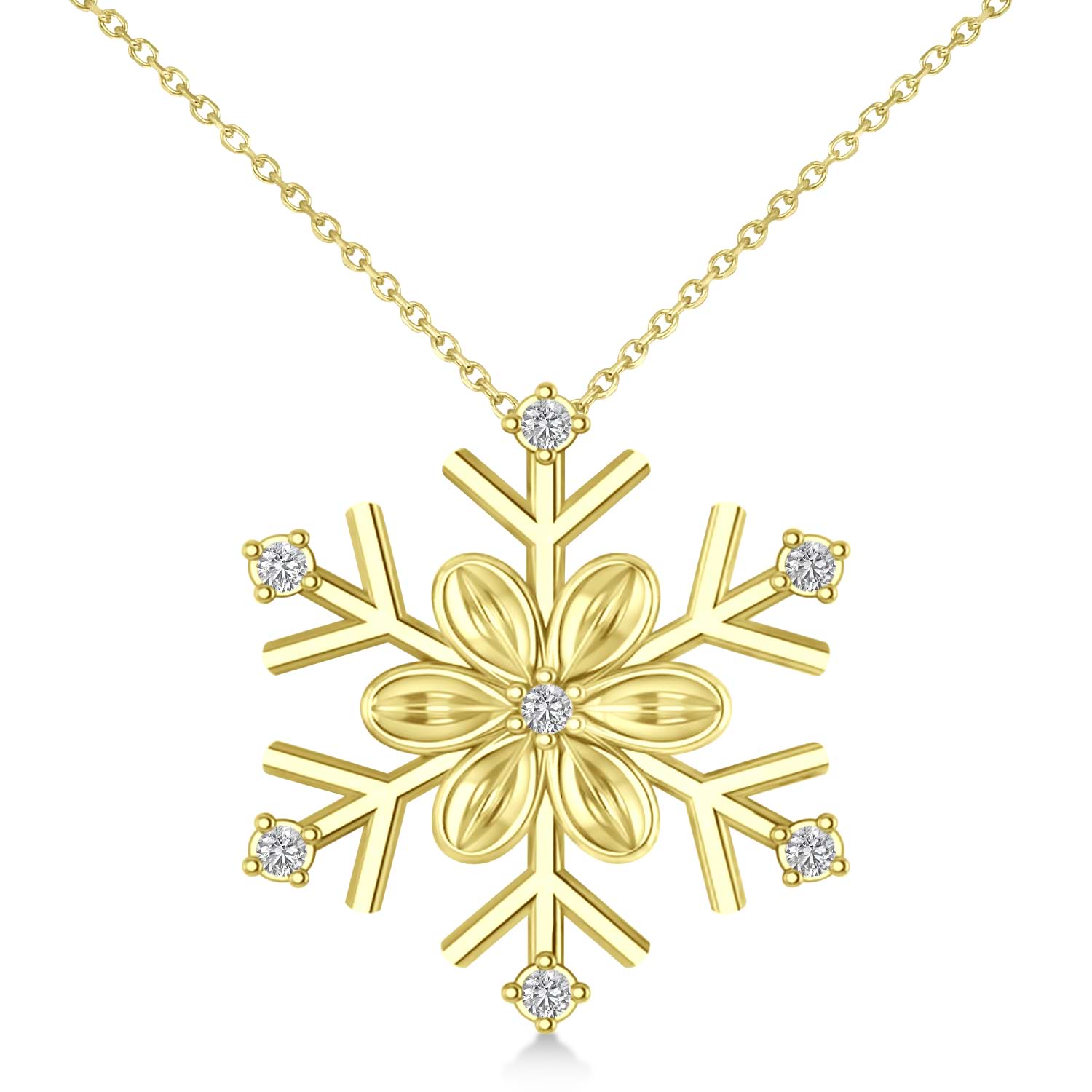 Diamond Snowflake & Flower Pendant Necklace 14k Yellow Gold (0.07ct)