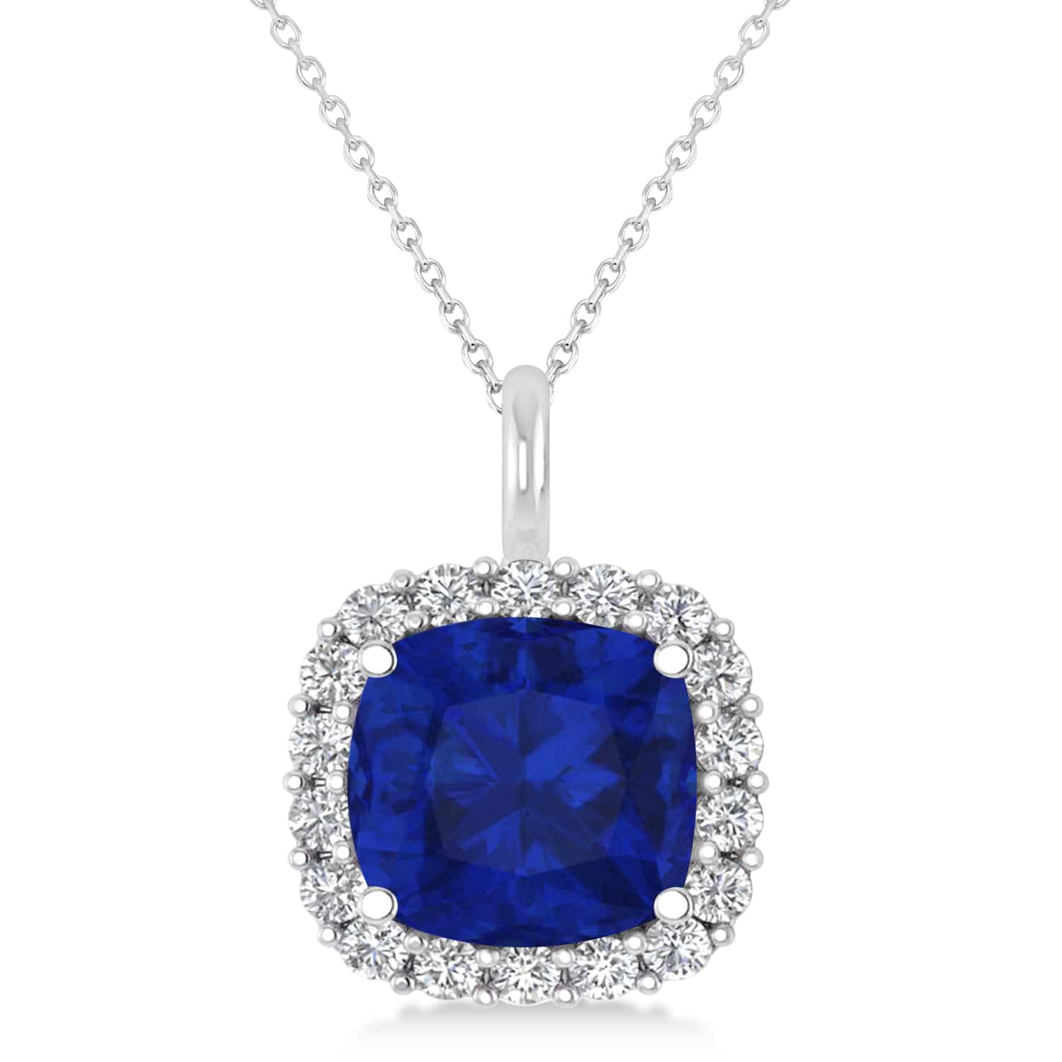 Cushion Cut Blue Sapphire & Diamond Halo Pendant 14k White Gold (2.96ct)
