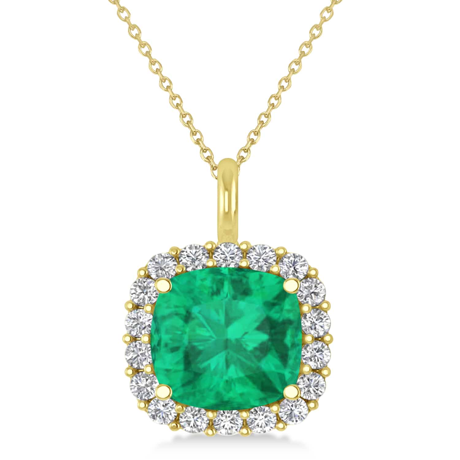 Cushion Cut Emerald & Diamond Halo Pendant 14k Yellow Gold (2.96ct)