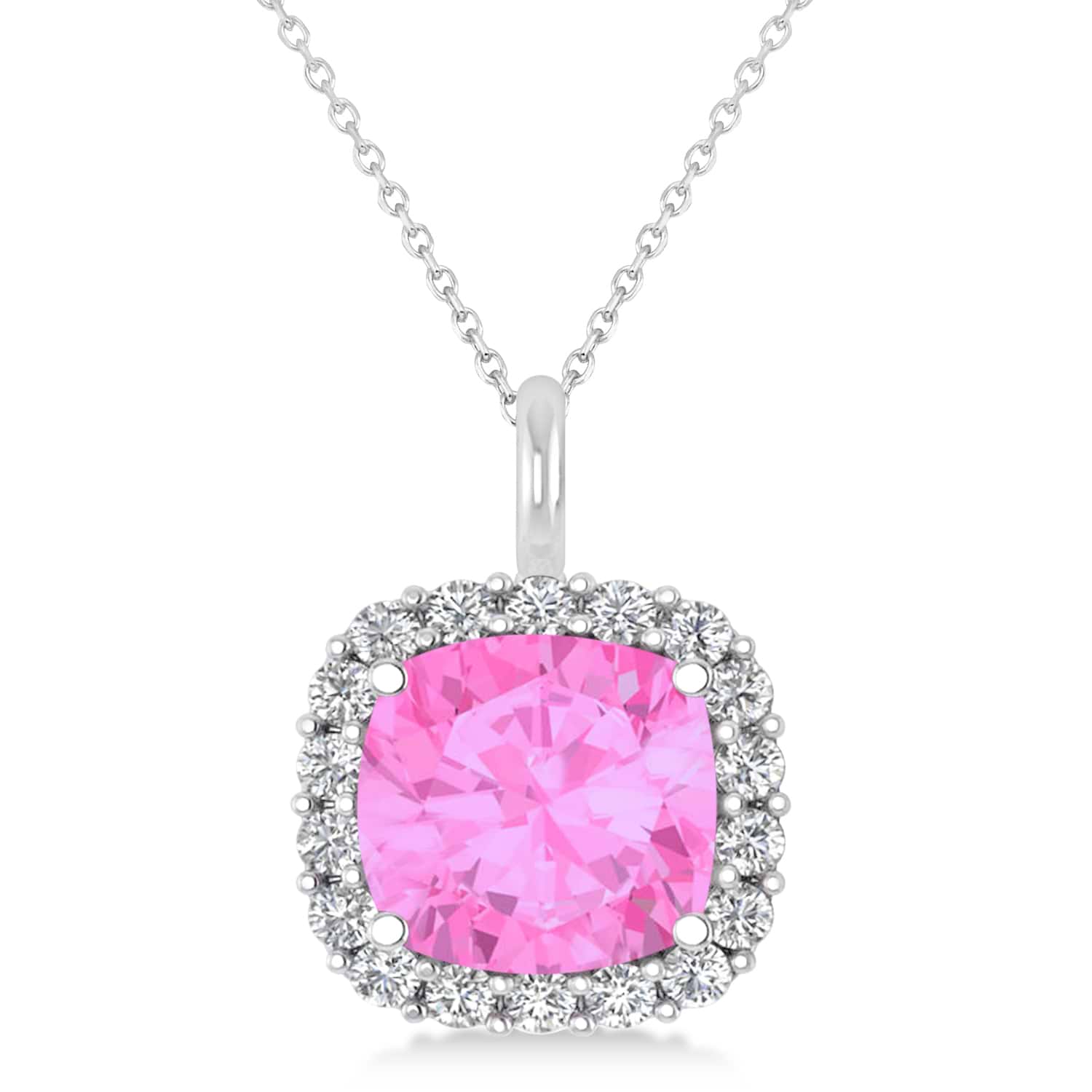 Cushion Cut Pink Sapphire & Diamond Halo Pendant 14k White Gold (2.96ct)
