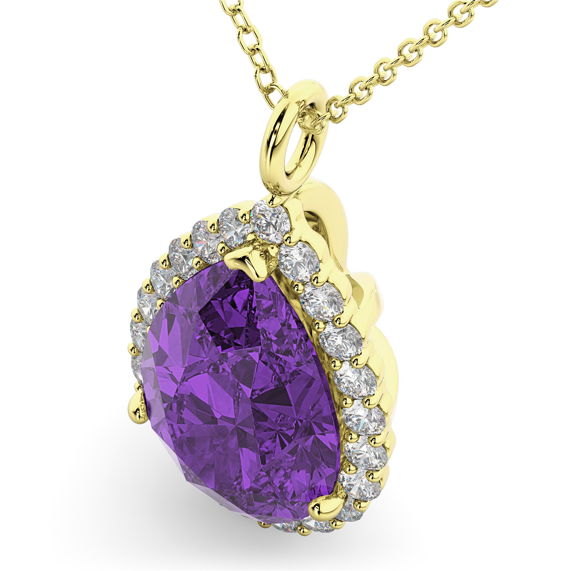 Halo Amethyst & Diamond Pear Shaped Pendant Necklace 14k Yellow Gold (5.44ct)