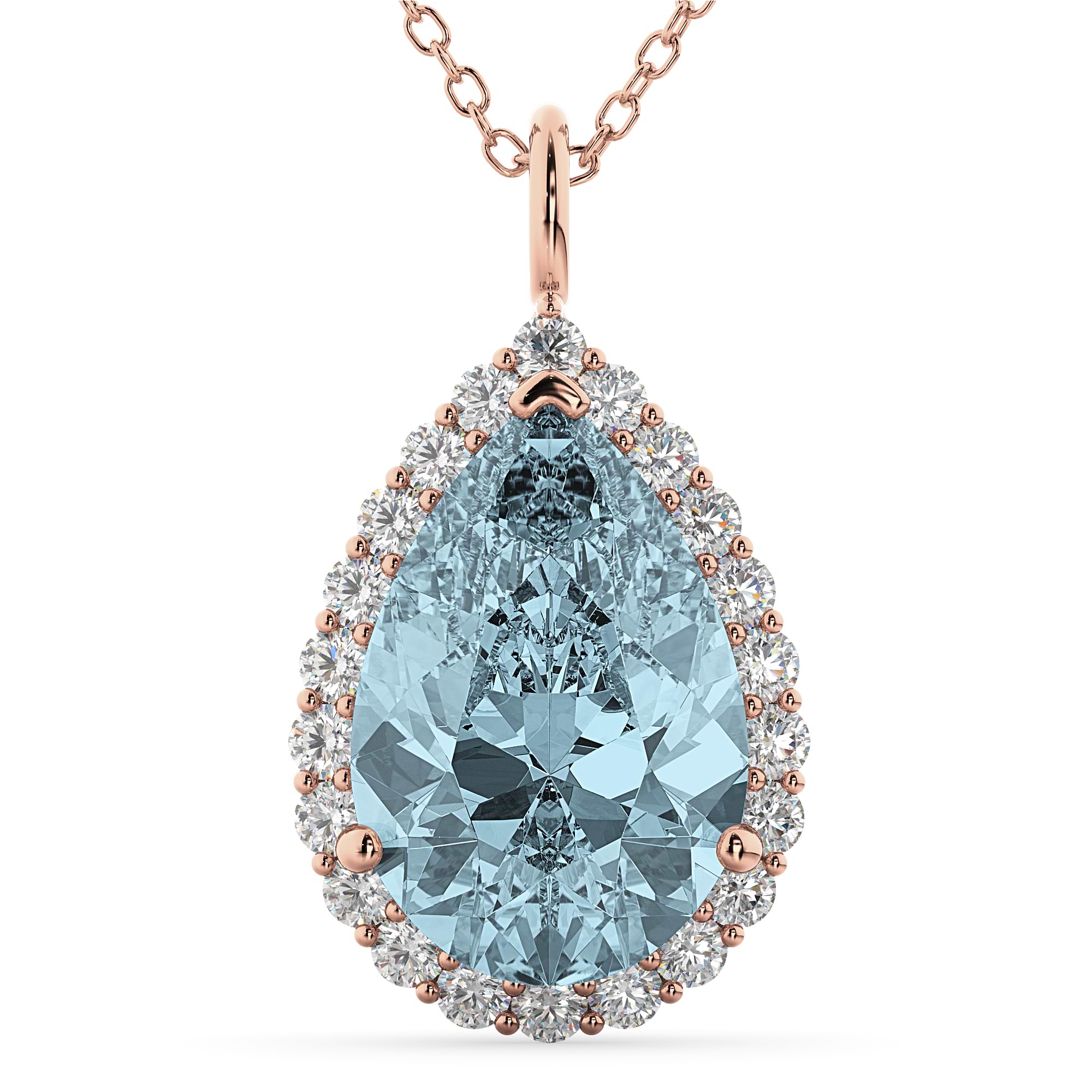 Halo Aquamarine & Diamond Pear Shaped Pendant Necklace 14k Rose Gold (6.04ct)