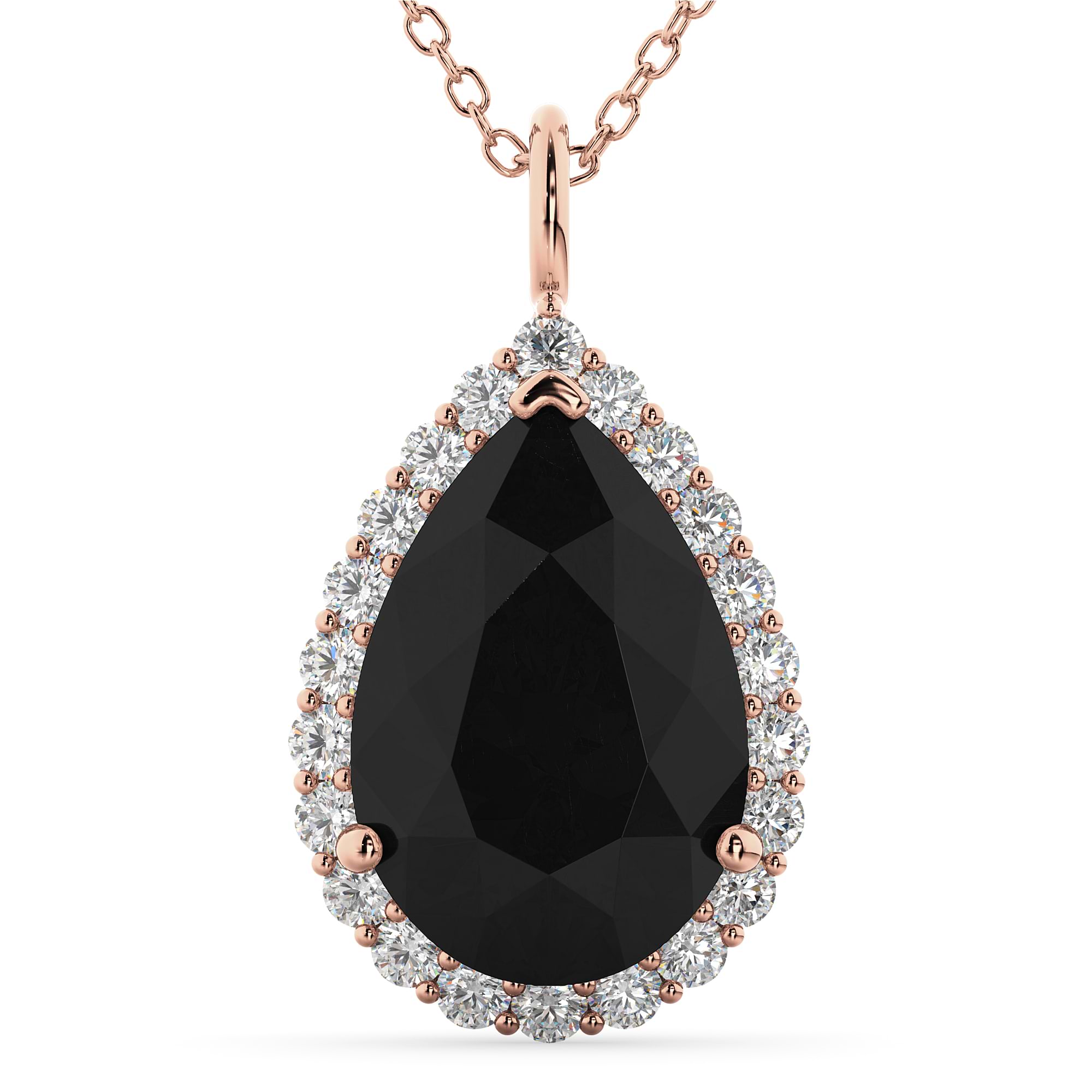 Halo Pear Shaped Black Diamond Necklace 14k Rose Gold (4.69ct)
