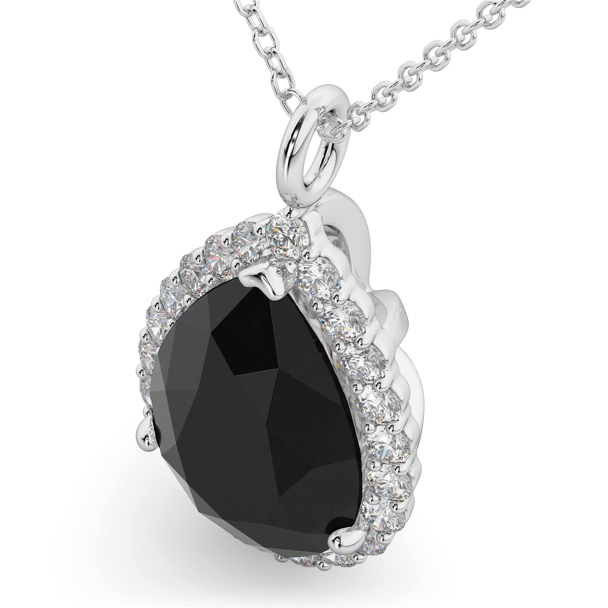 Halo Pear Shaped Black Diamond Necklace 14k White Gold (4.69ct)
