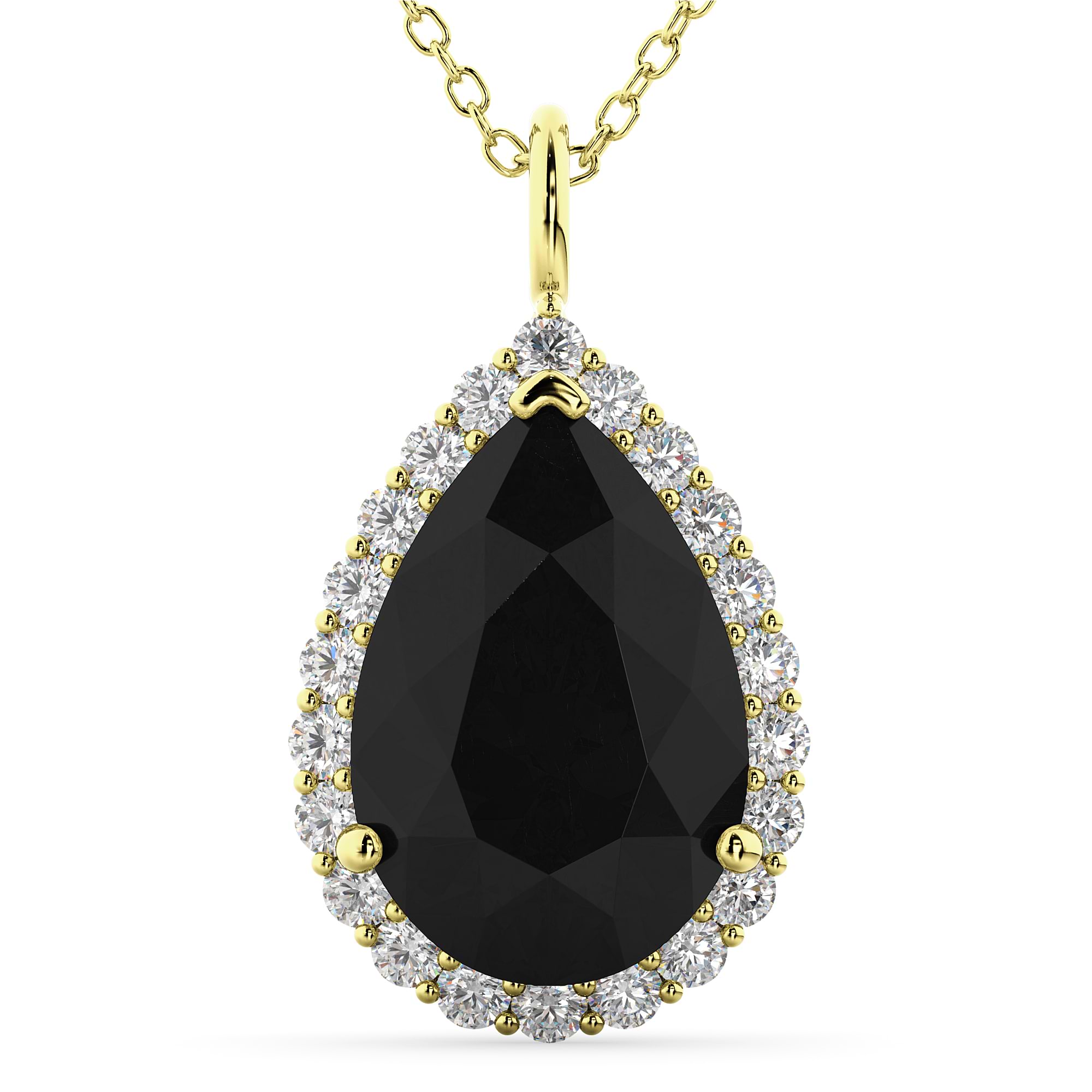Halo Pear Shaped Black Diamond Necklace 14k Yellow Gold (4.69ct)