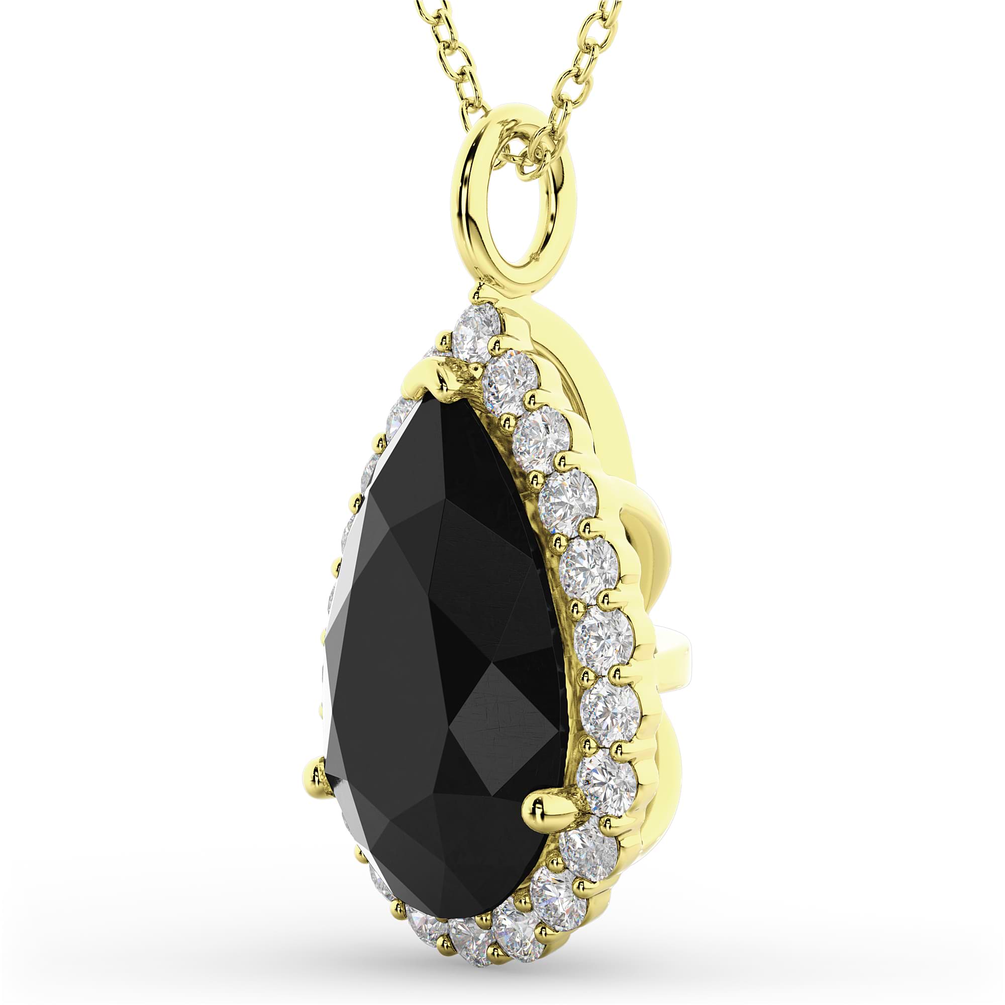 Halo Pear Shaped Black Diamond Necklace 14k Yellow Gold (4.69ct)