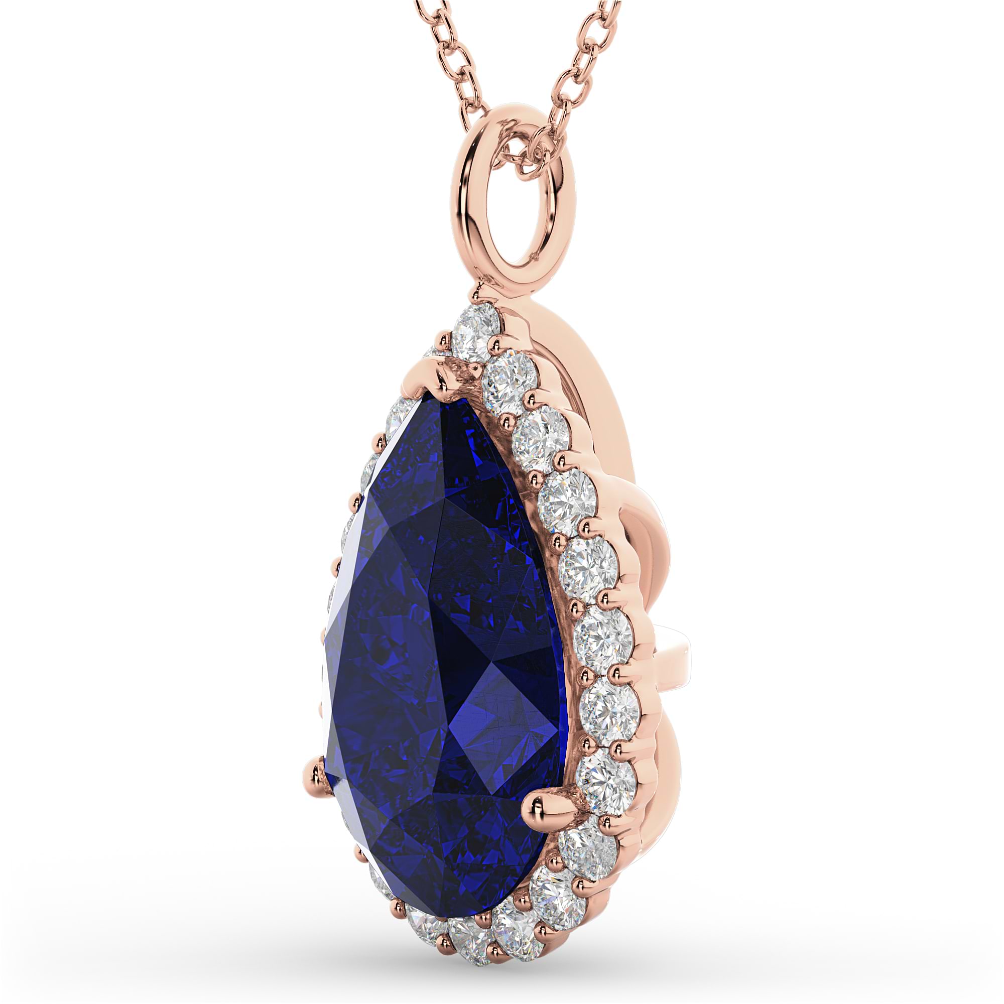 Halo Blue Sapphire & Diamond Pear Shaped Pendant Necklace 14k Rose Gold (8.34ct)