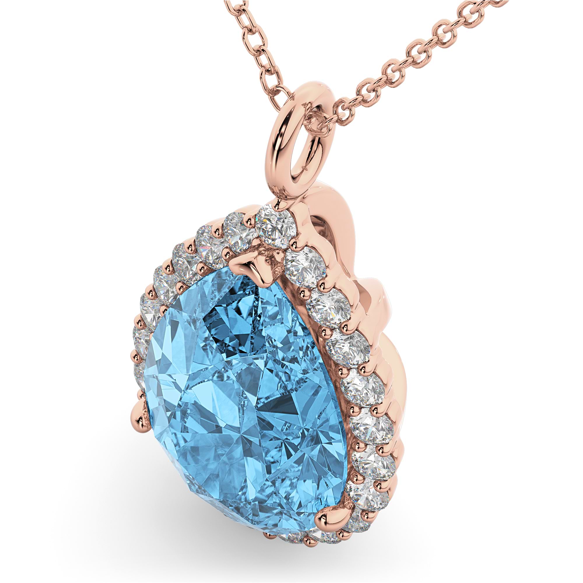 Halo Blue Topaz & Diamond Pear Shaped Pendant Necklace 14k Rose Gold (8.94ct)