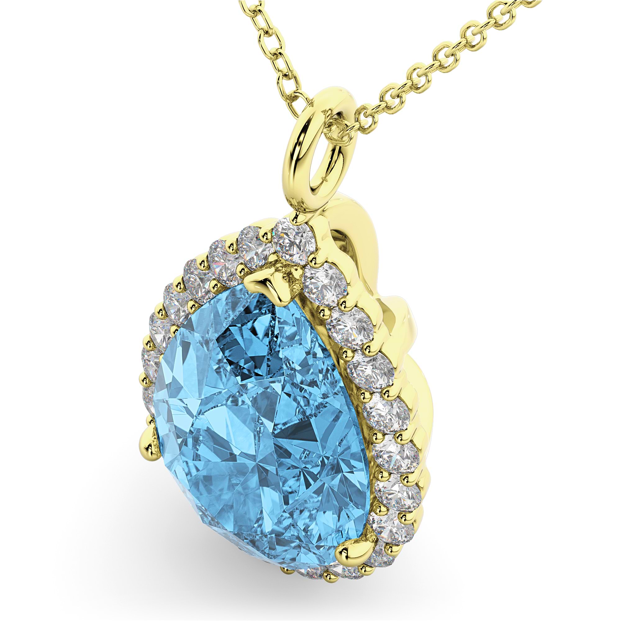 Halo Blue Topaz & Diamond Pear Shaped Pendant Necklace 14k Yellow Gold (8.94ct)
