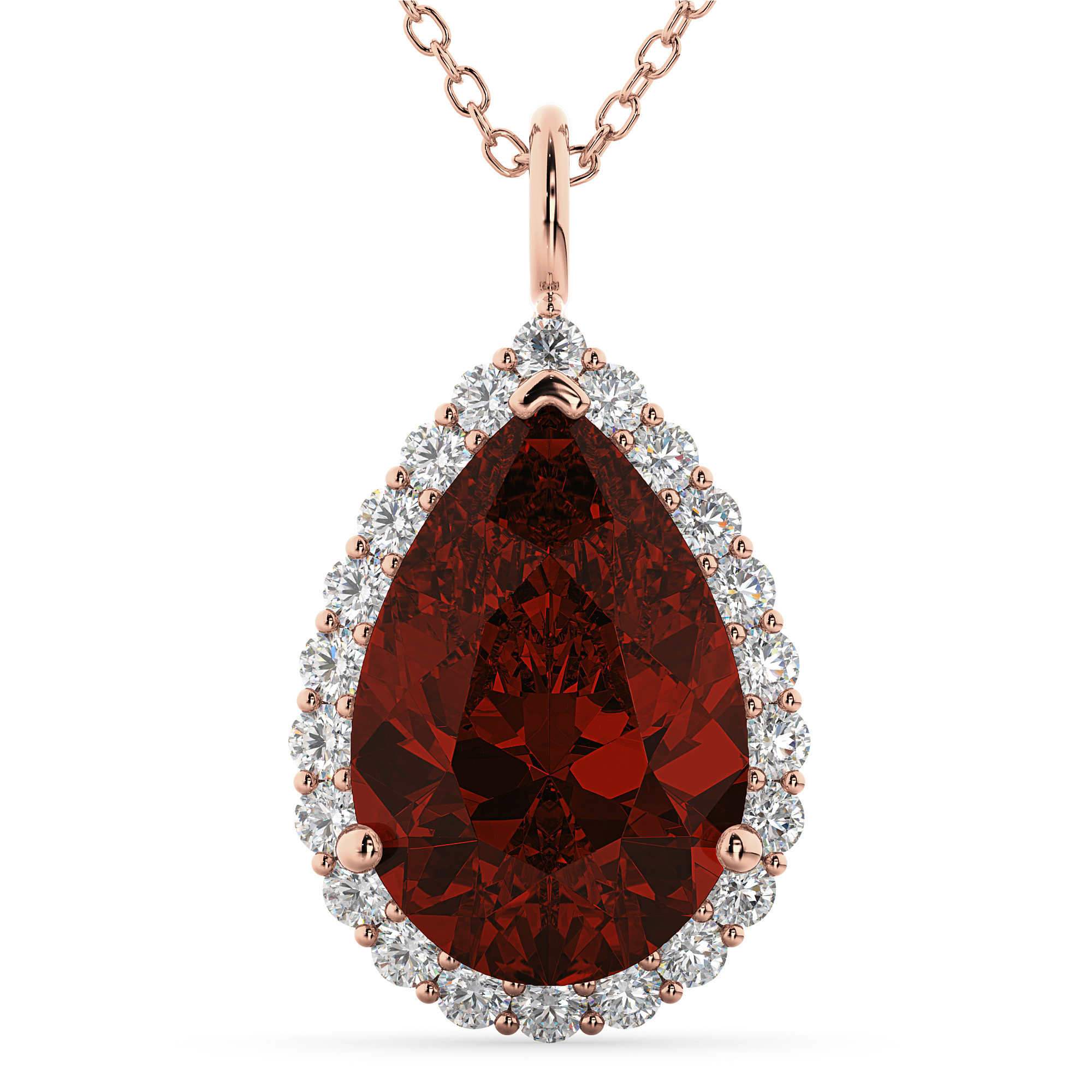 Halo Garnet & Diamond Pear Shaped Pendant Necklace 14k Rose Gold (6.24ct)