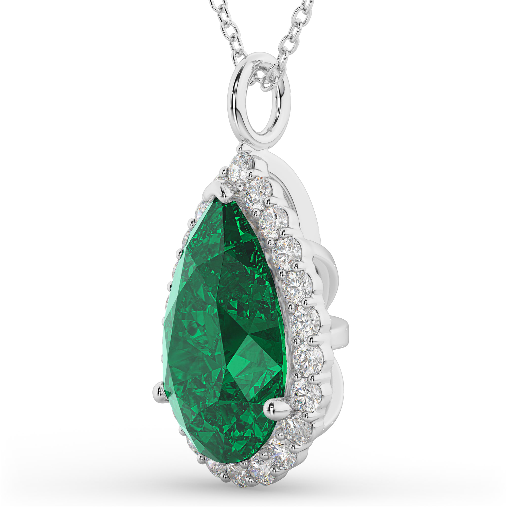 Halo Lab Emerald & Diamond Pear Shaped Pendant Necklace 14k White Gold (6.54ct)