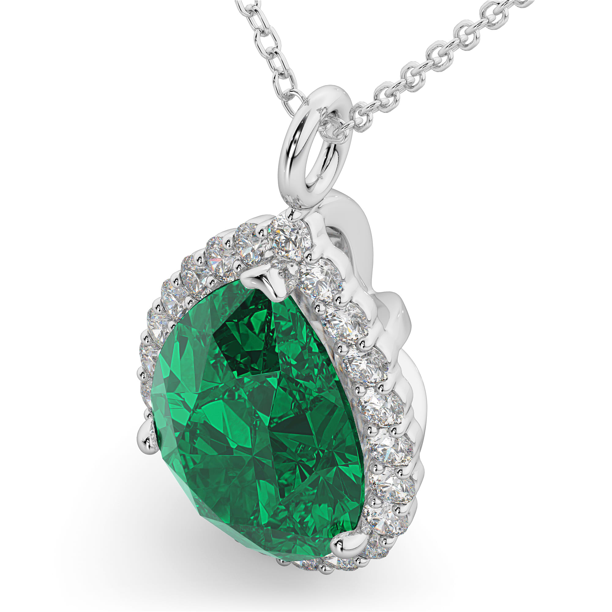 Halo Lab Emerald & Diamond Pear Shaped Pendant Necklace 14k White Gold (6.54ct)
