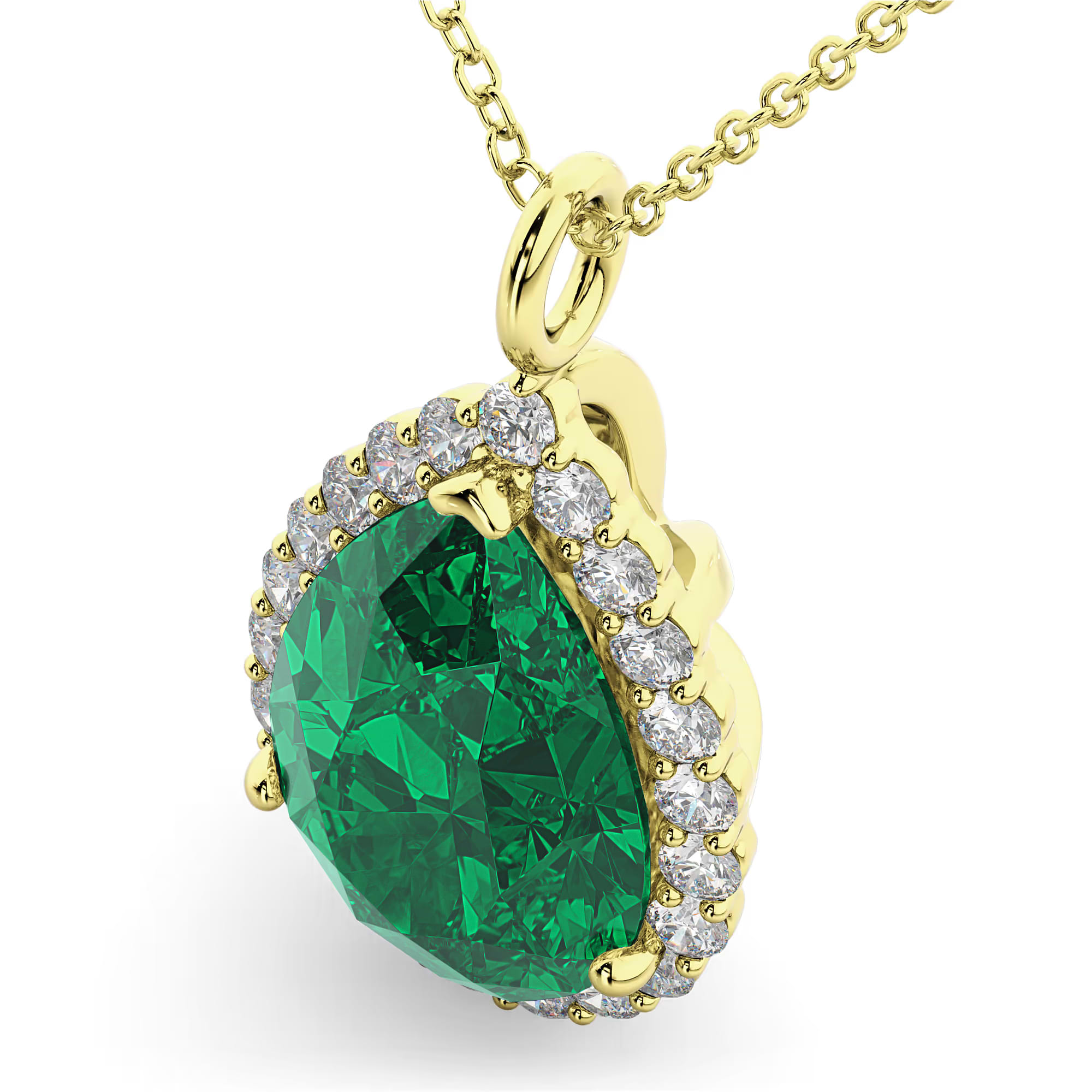 Halo Lab Emerald & Diamond Pear Shaped Pendant Necklace 14k Yellow Gold (6.54ct)