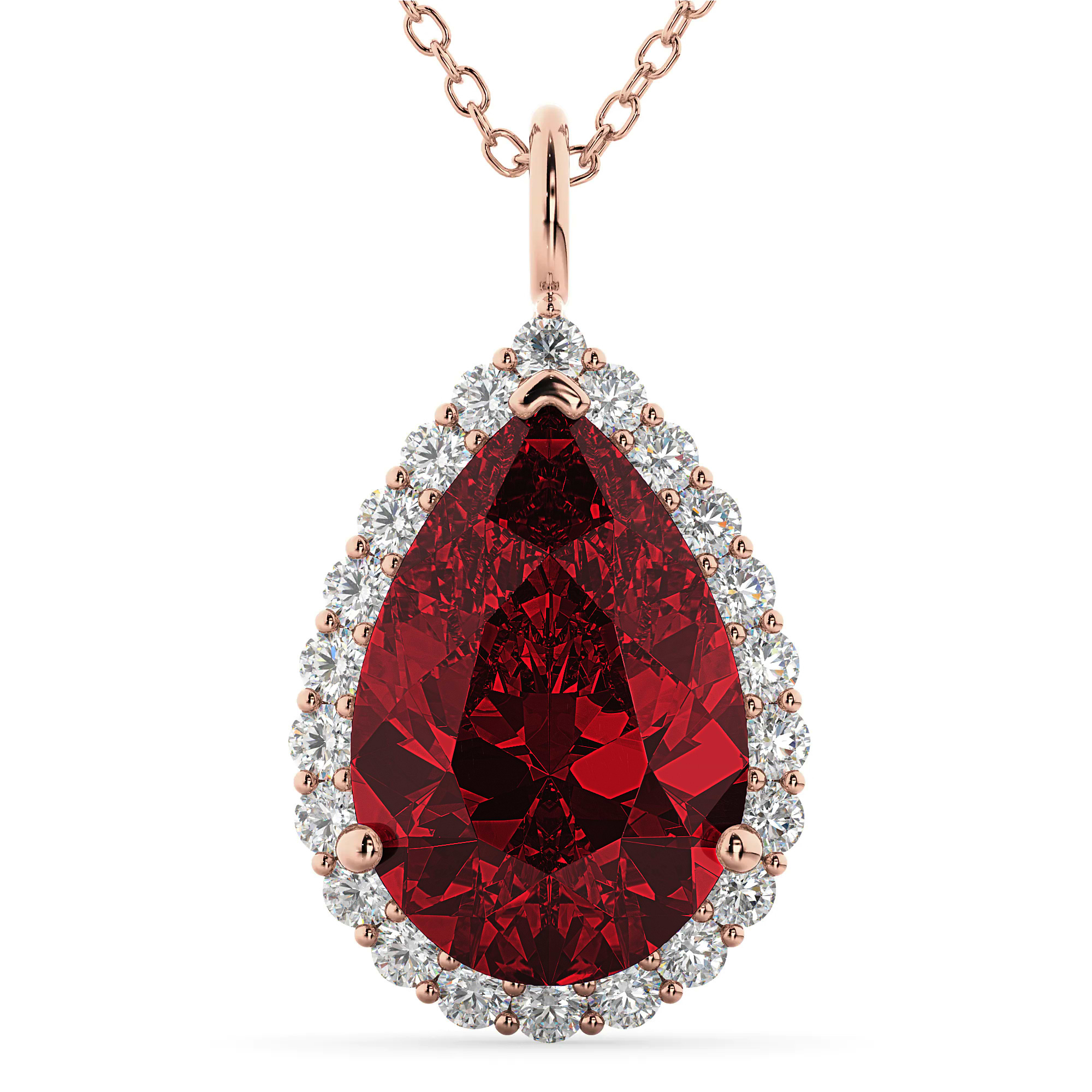 Halo Lab Ruby & Diamond Pear Shaped Pendant Necklace 14k Rose Gold (8.34ct)