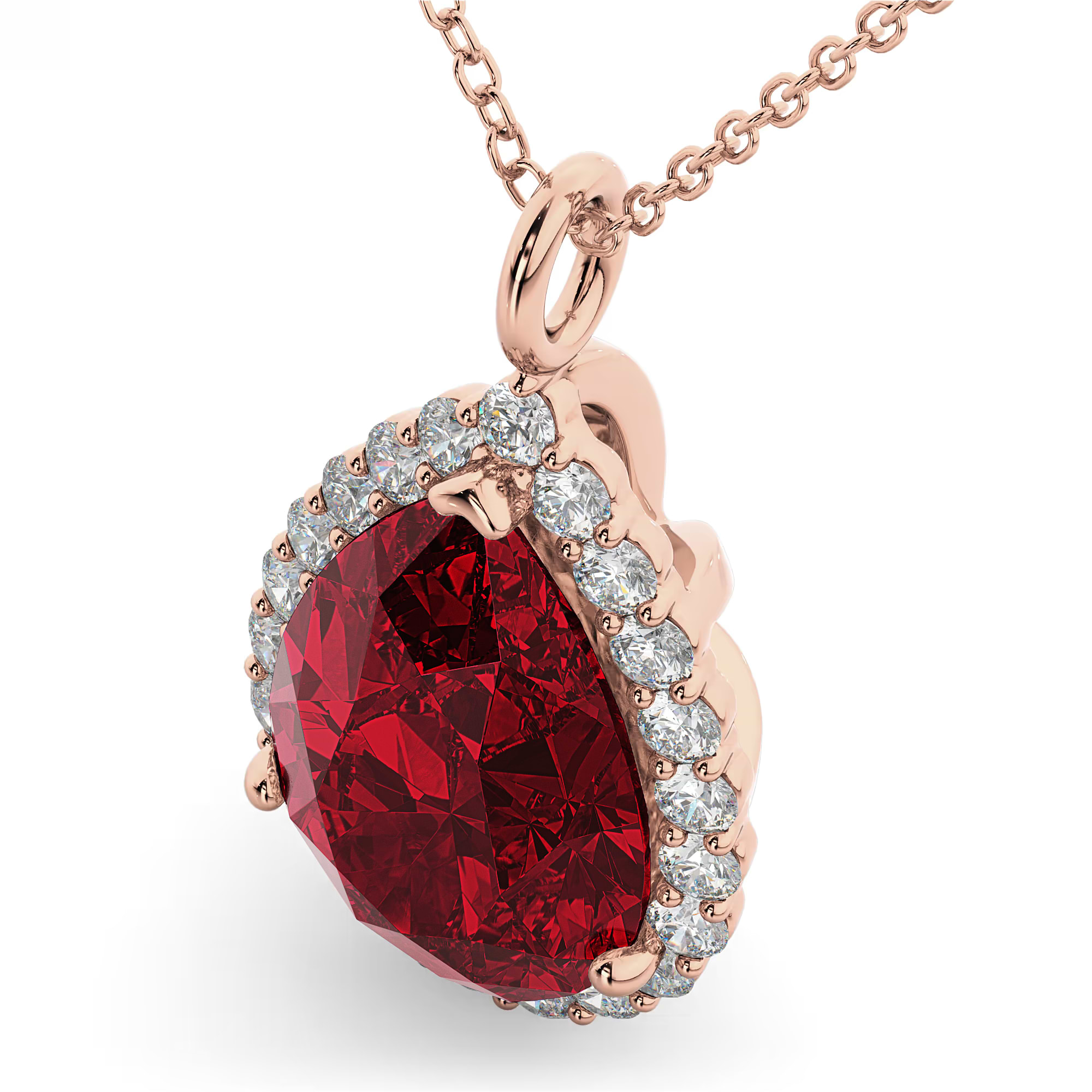 Halo Lab Ruby & Diamond Pear Shaped Pendant Necklace 14k Rose Gold (8.34ct)