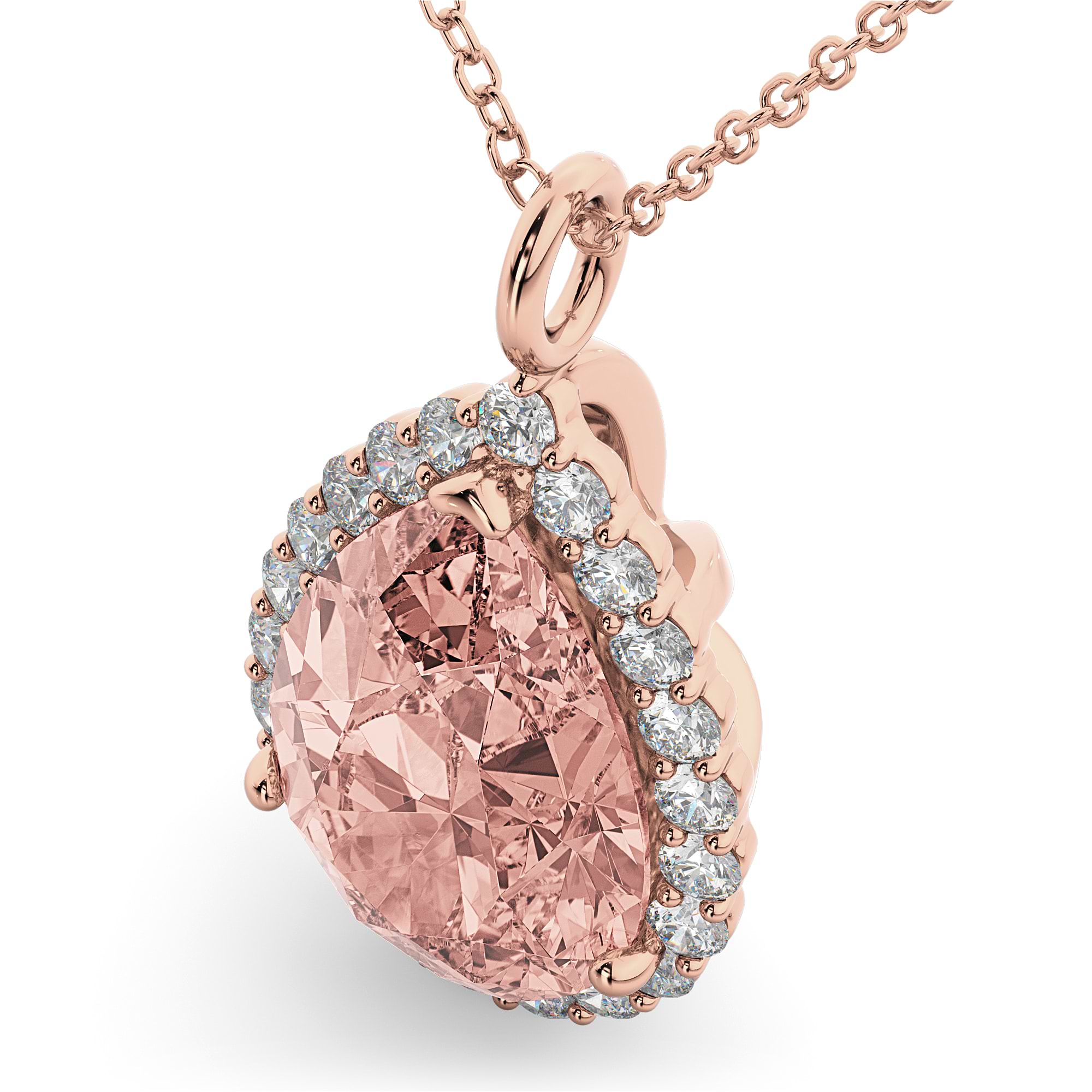 Halo Morganite & Diamond Pear Shaped Pendant Necklace 14k Rose Gold (4.04ct)
