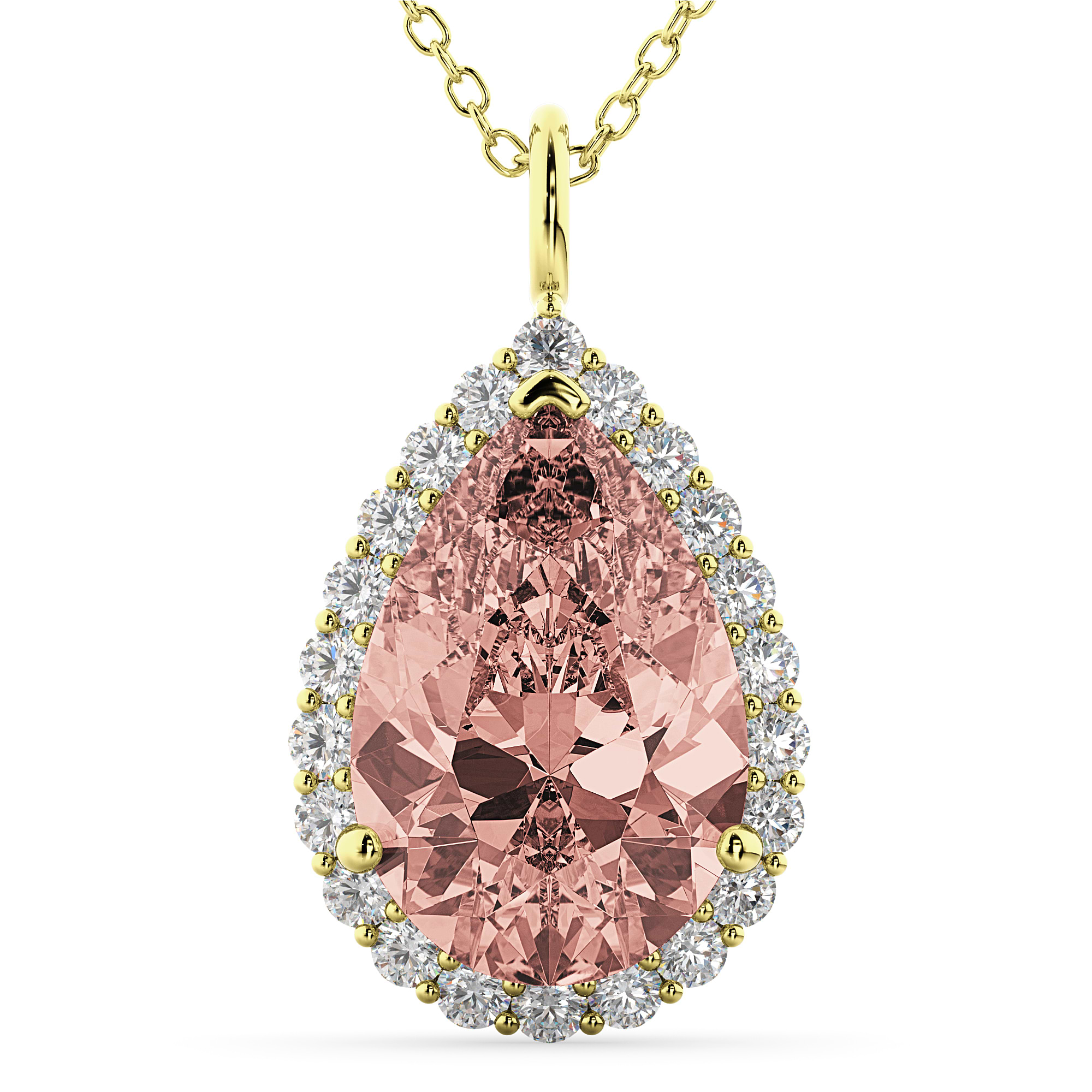 Halo Morganite & Diamond Pear Shaped Pendant Necklace 14k Yellow Gold (4.04ct)