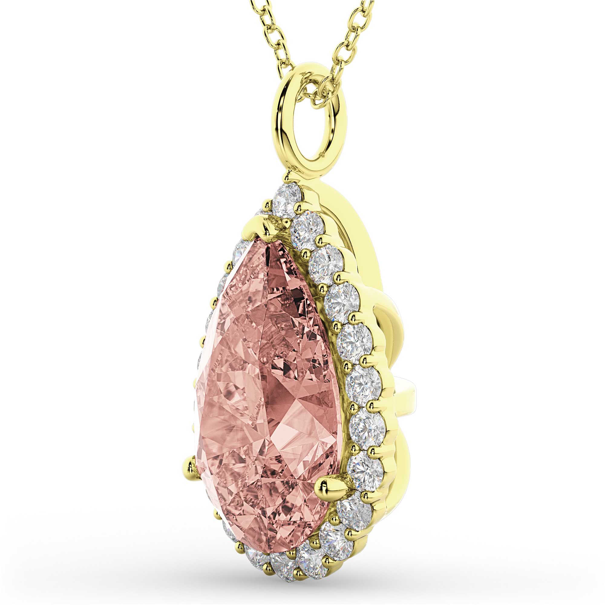Halo Morganite & Diamond Pear Shaped Pendant Necklace 14k Yellow Gold (4.04ct)