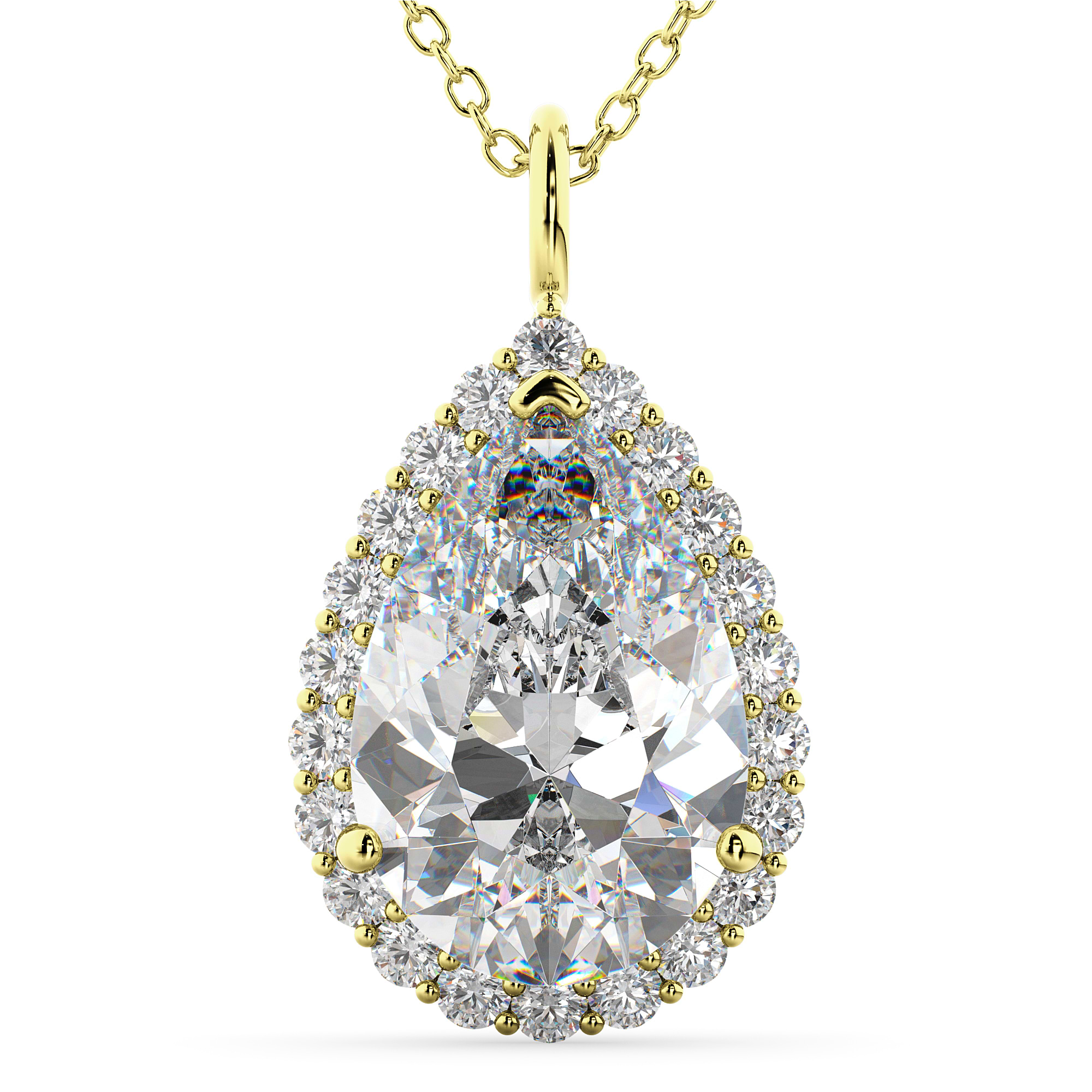 Halo Moissanite & Diamond Pear Shaped Pendant Necklace 14k Yellow Gold (5.44ct)
