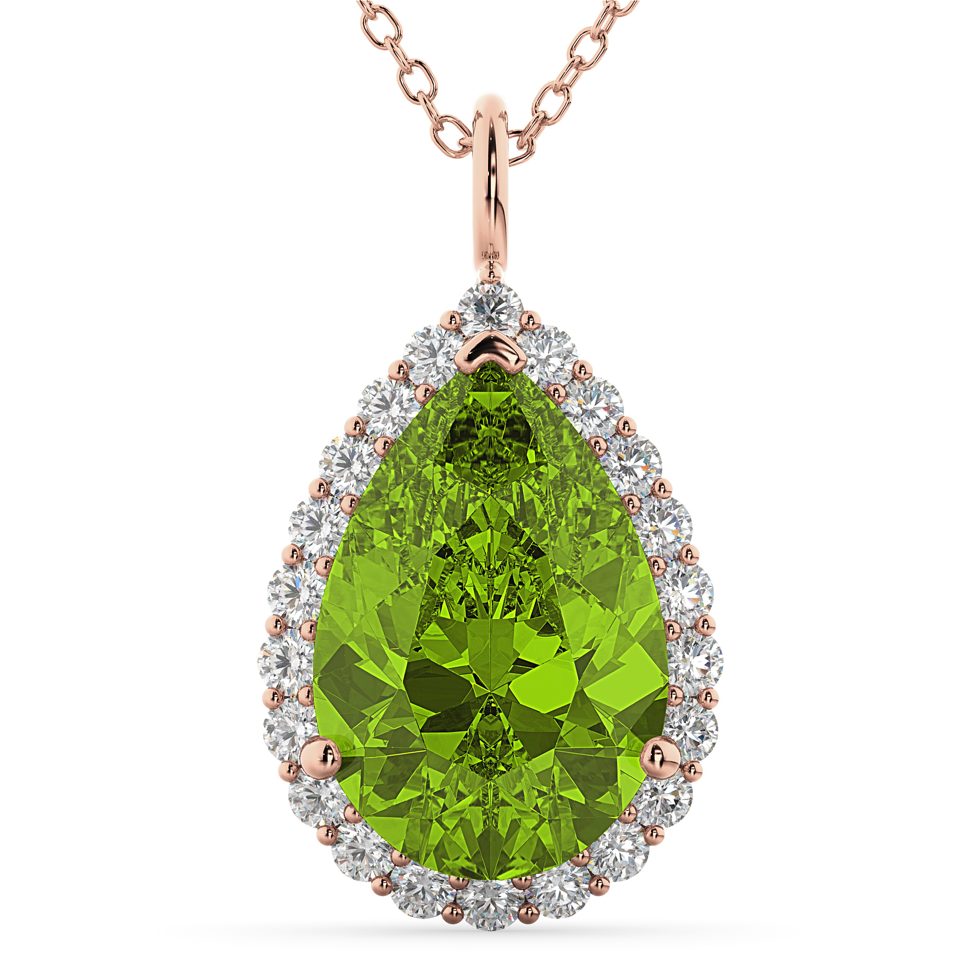 Halo Peridot & Diamond Pear Shaped Pendant Necklace 14k Rose Gold (5.19ct)