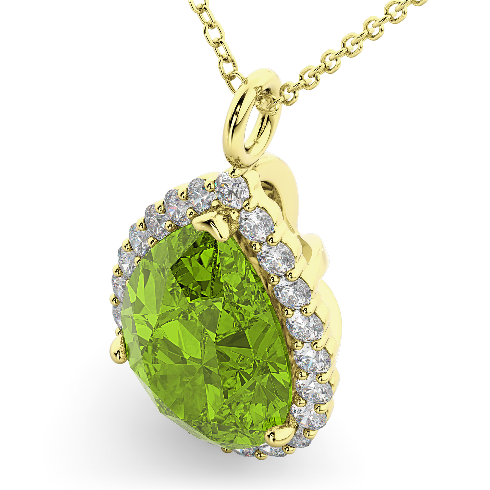 Halo Peridot & Diamond Pear Shaped Pendant Necklace 14k Yellow Gold (5.19ct)