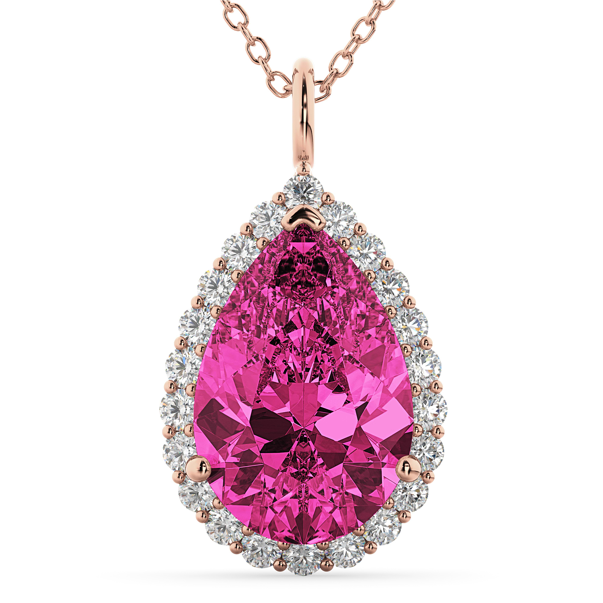 Halo Pink Tourmaline & Diamond Pear Shaped Pendant Necklace 14k Rose Gold (7.19ct)