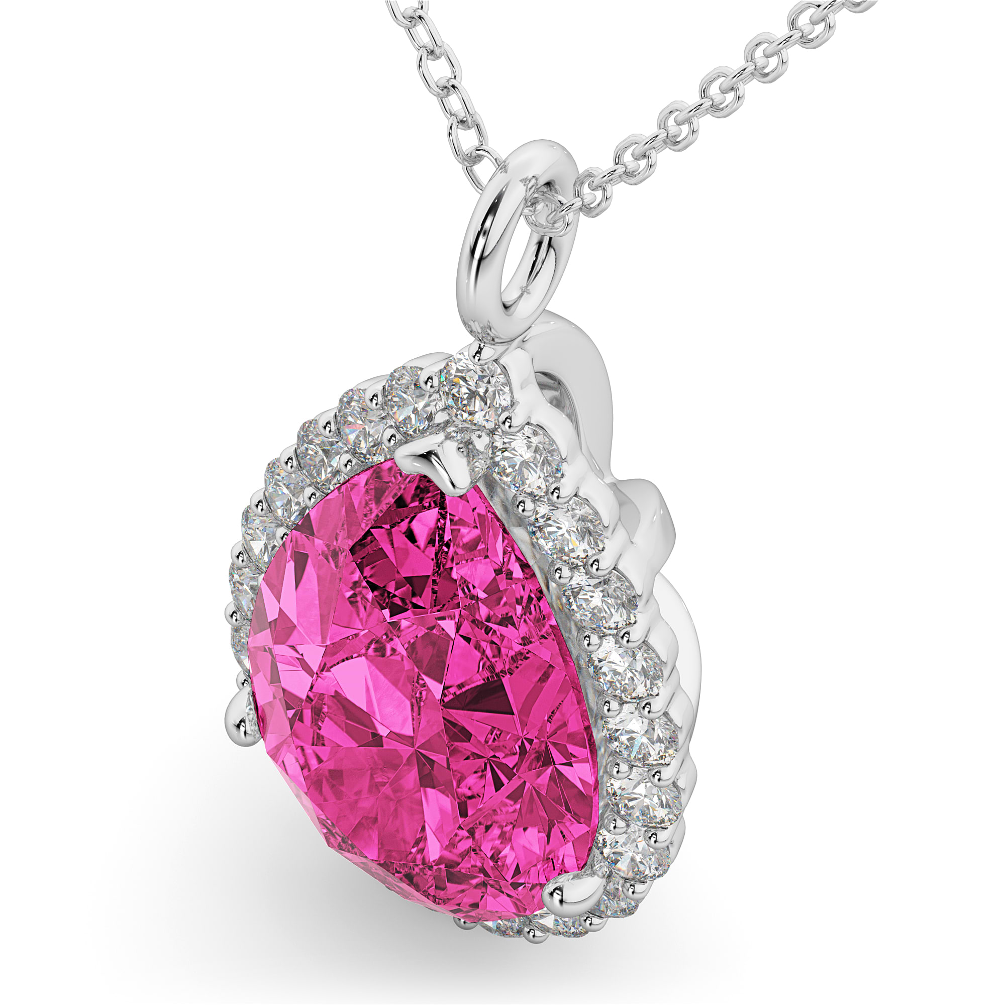Halo Pink Tourmaline & Diamond Pear Shaped Pendant Necklace 14k White Gold (7.19ct)