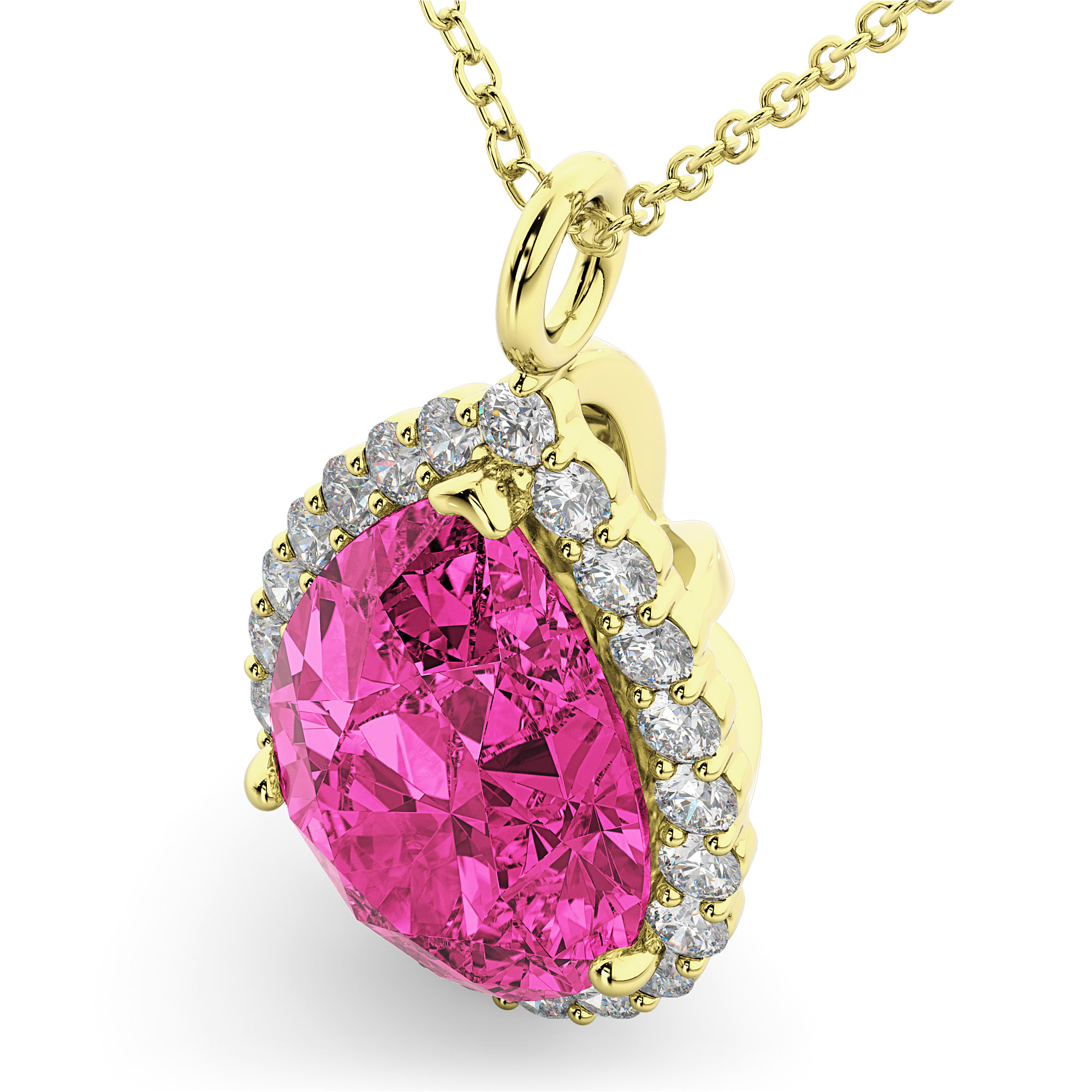 Halo Pink Tourmaline & Diamond Pear Shaped Pendant Necklace 14k Yellow Gold (7.19ct)