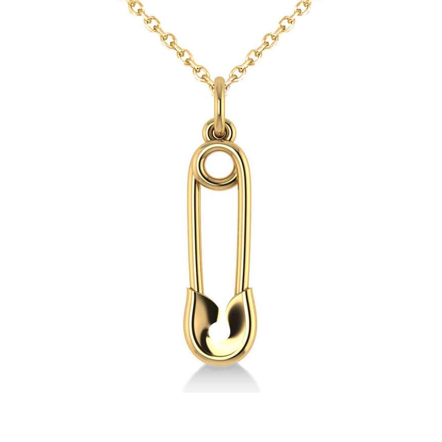 Vertical Safety Pin Novelty Pendant Necklace 14k Yellow Gold
